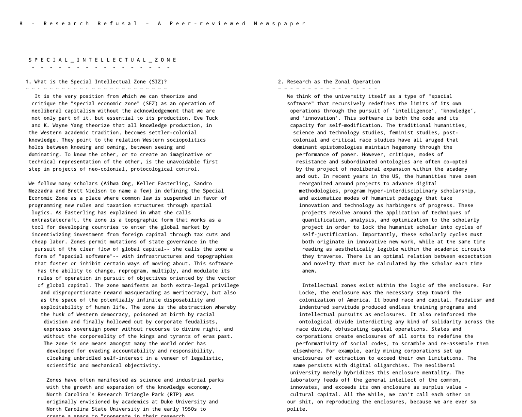"Special Intellectual Zone" for transmediale, Research Refusal, 2021