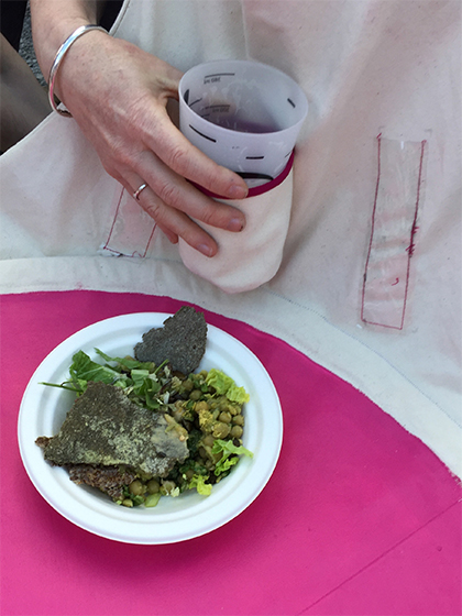 Wearable Table at FESTA Event Studio, 2018. With four 'bibs' the circular table relies on communal use. Photograph: Kathy Waghorn