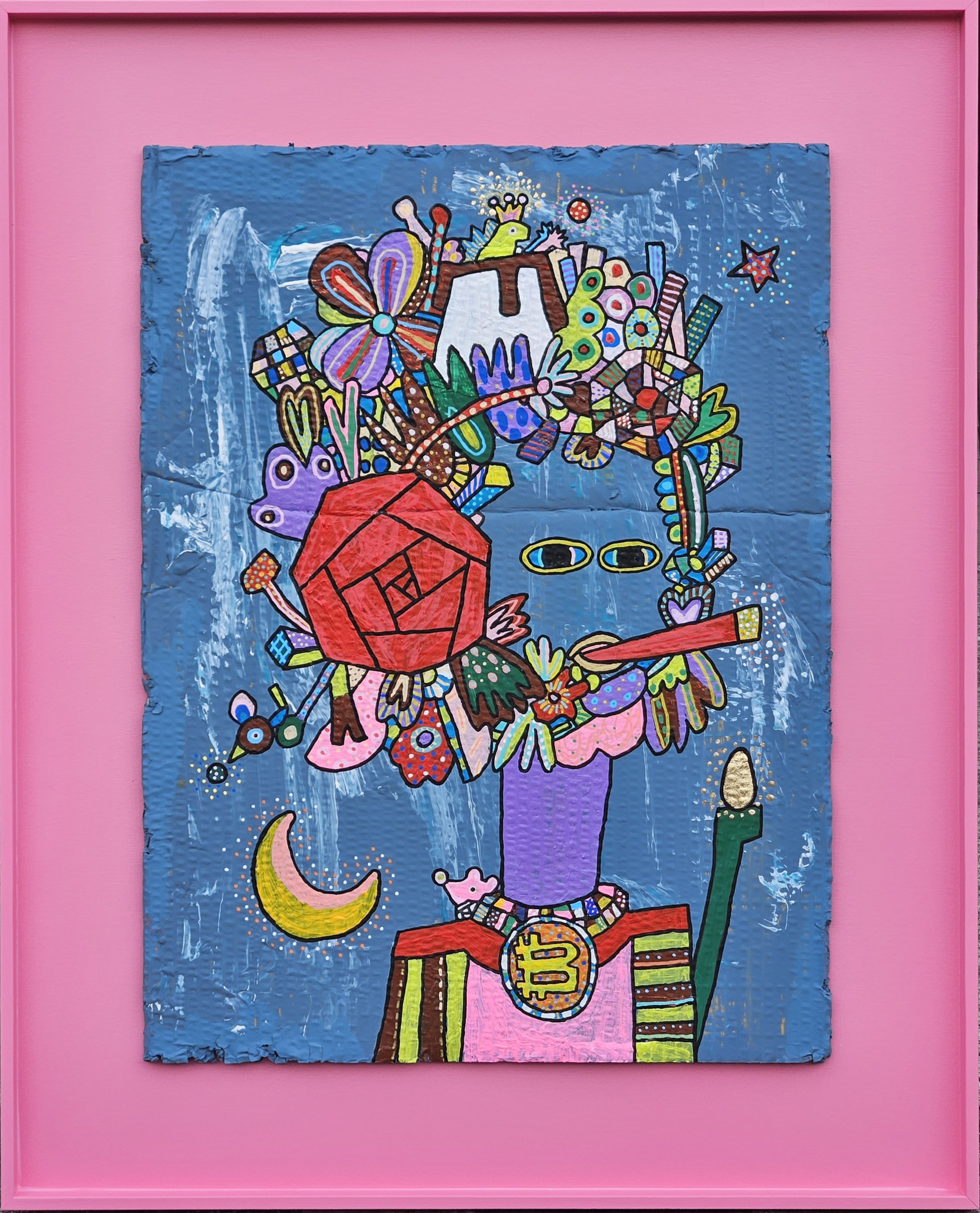 擁有哥吉拉的許願先生。Mr.makeAwish who owns Godzilla。Acrylic, metal foil, cardboard, Customized wooden frame , Cm 49.5 x65.5 / 70 x 85.8, 2024 