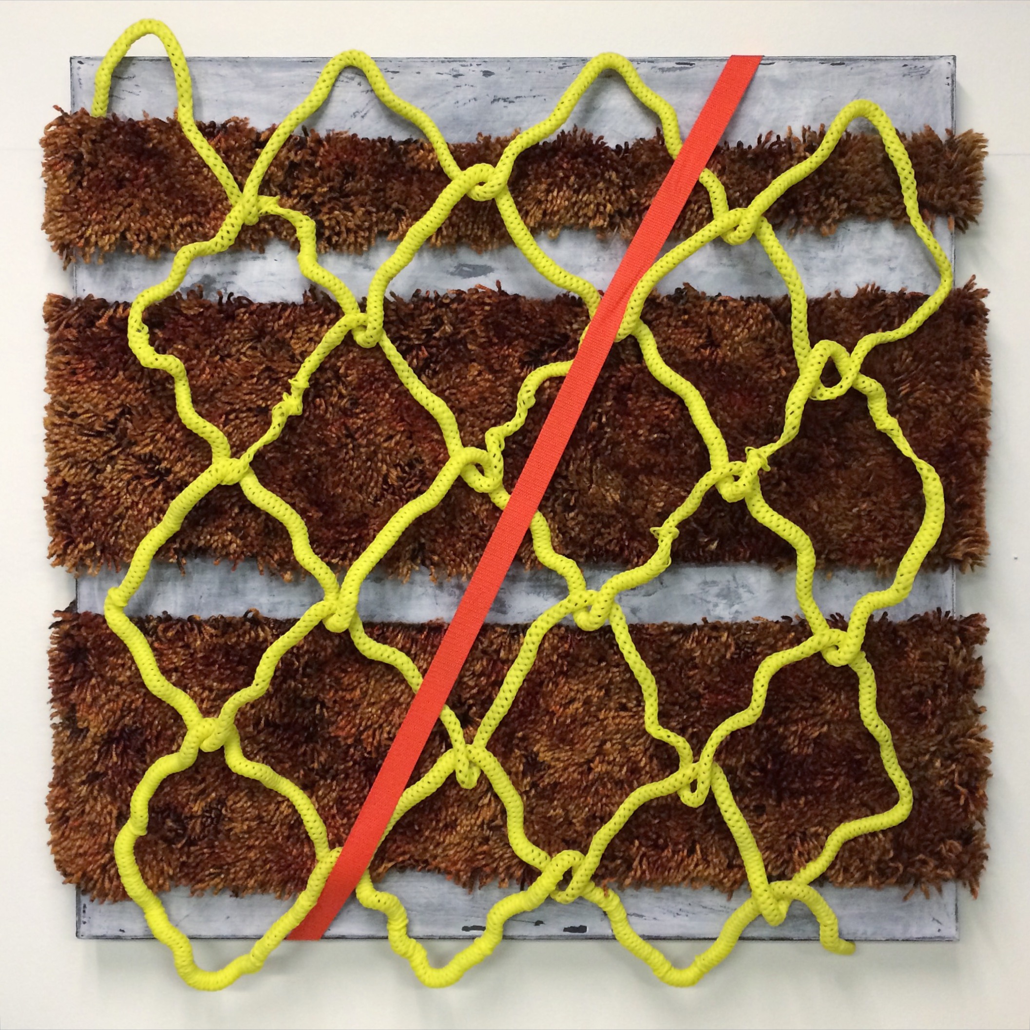 DumbShaggy, 2016. polypropylene rope, webbing, shag carpet, canvas, wood. 30" x 30" x 4".