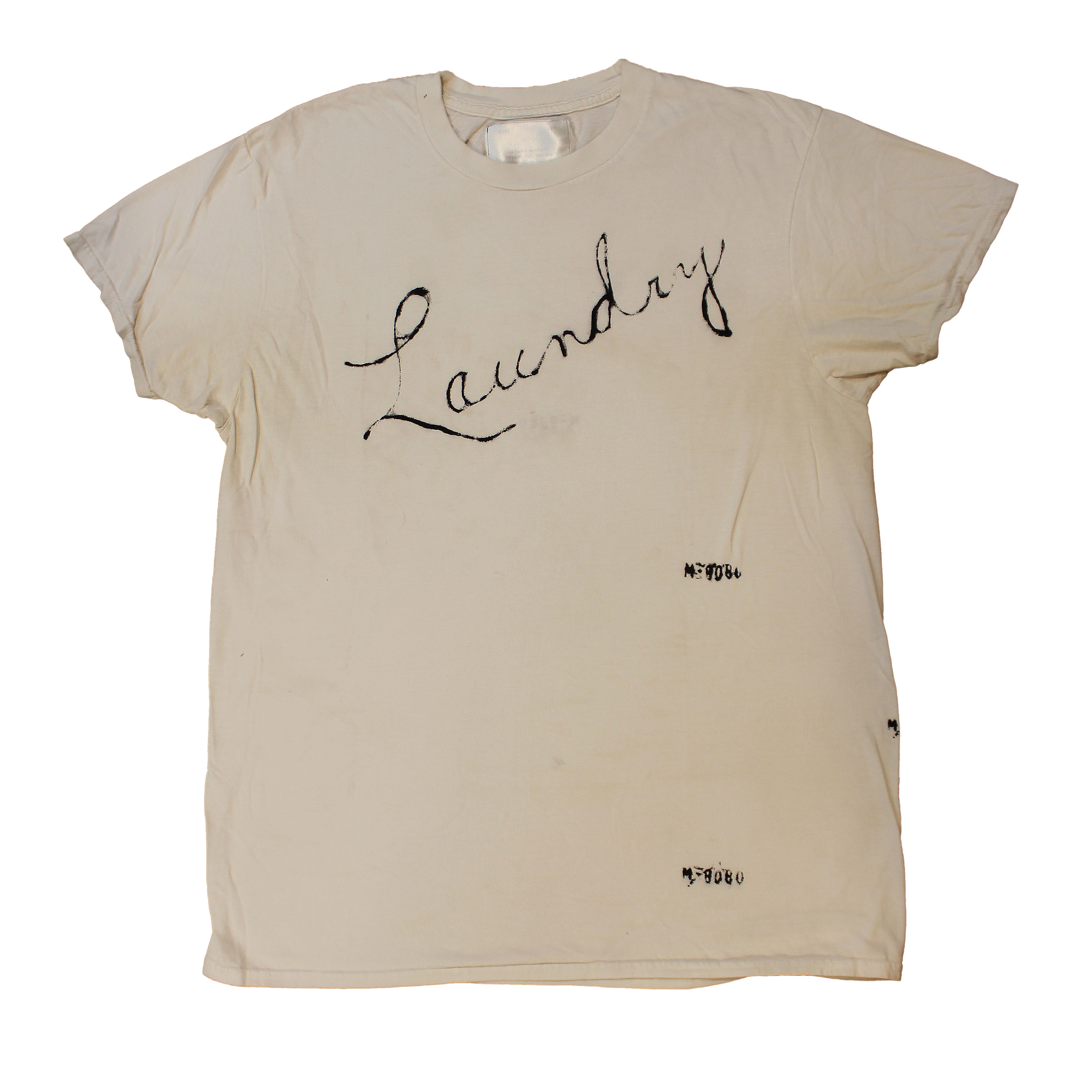 reclaimed discolored white tee printed on front and back. each tee is printed differently with different codes. looks better with each wash, wear, and stain. 