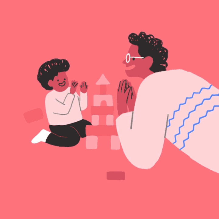 An animated loop of a dad and his child on the floor playing with building blocks, stacking them and accidentally knocking them over time after time.