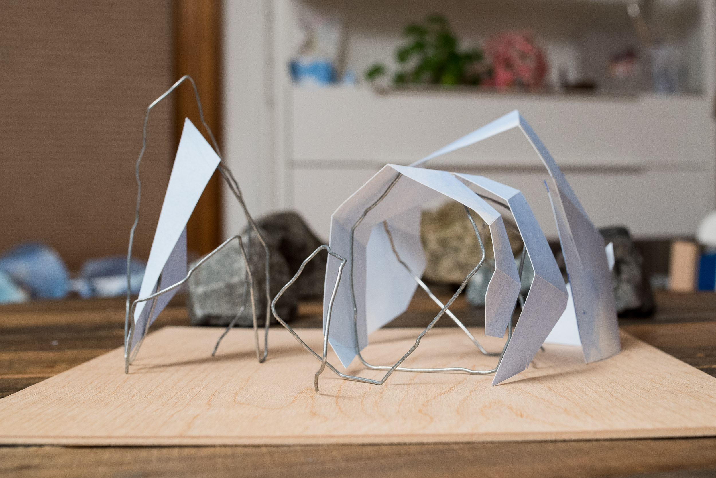 2014, acrylic, paper, wire, wood, 8 x 12 x 12 inches