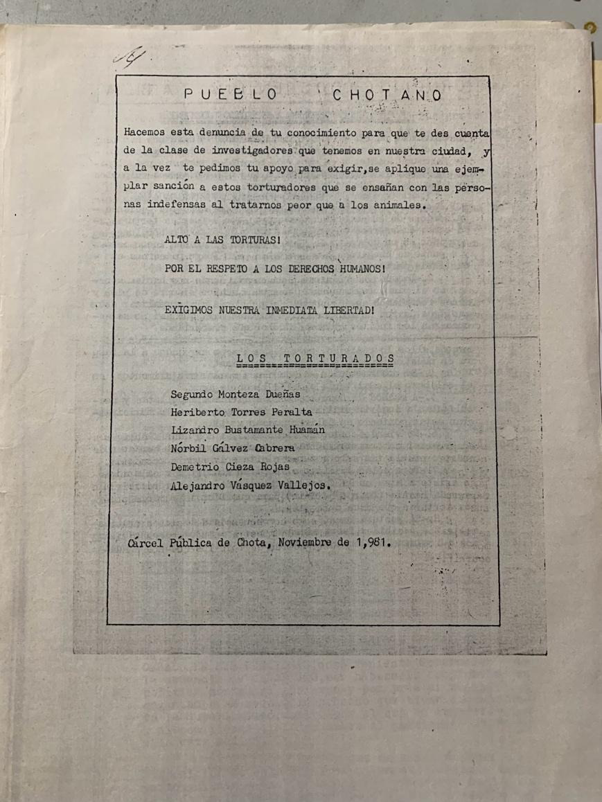 Figure 7. Written statement by six tortured ronderos denouncing police abuse, Chota, 1981. Archive of the Federation. 