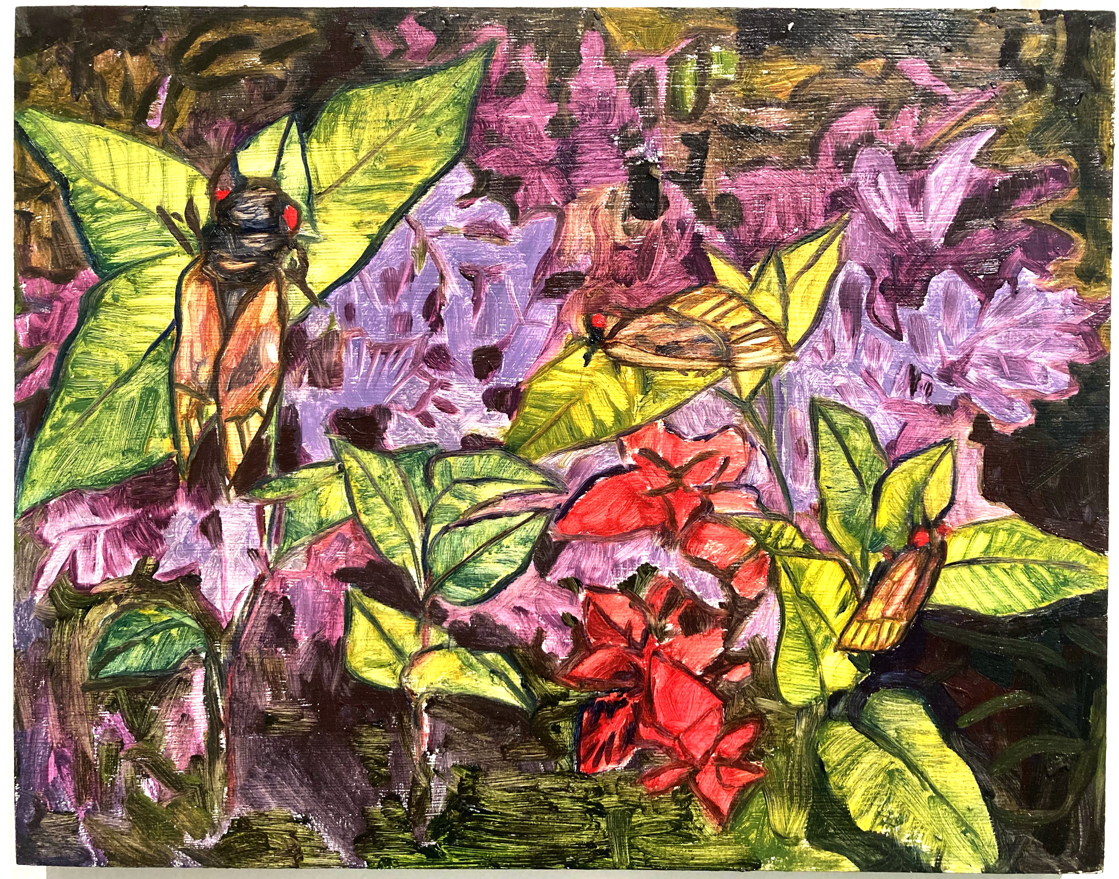 three cicadas on a hydrangea14 x 11 inchesoil on panel2021
