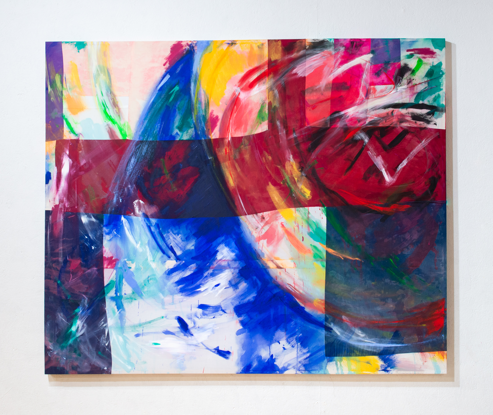 Point. 2025. Acrylic on patchworked fabrics. 72" by 60".