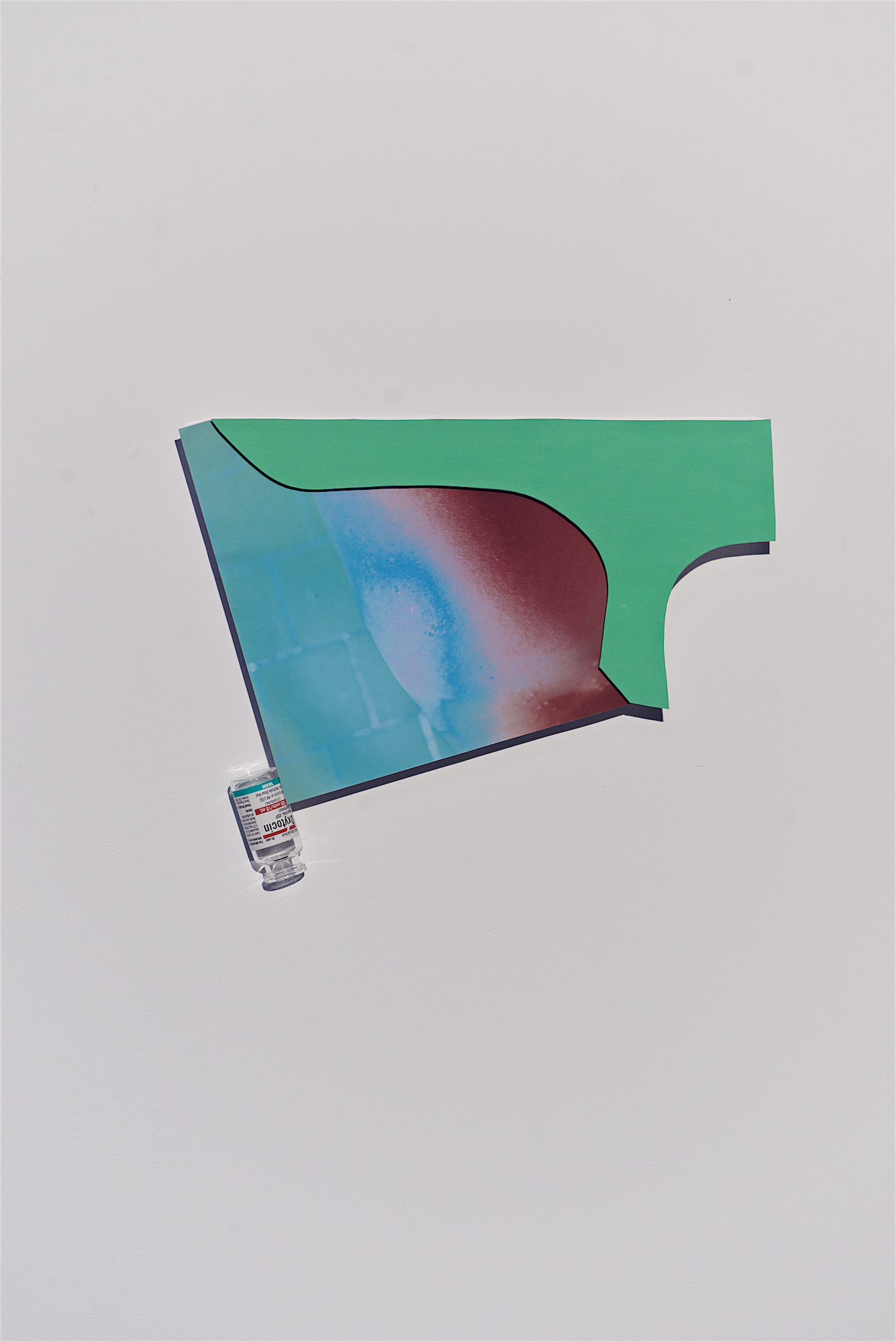 New enlightened era COMING SOON not yet with text message green and oxytocin, 2018, gouache, archival ink-jet print, oxytocin, glass bo8le, mounted on acrylic glass approx. 9” x 12”