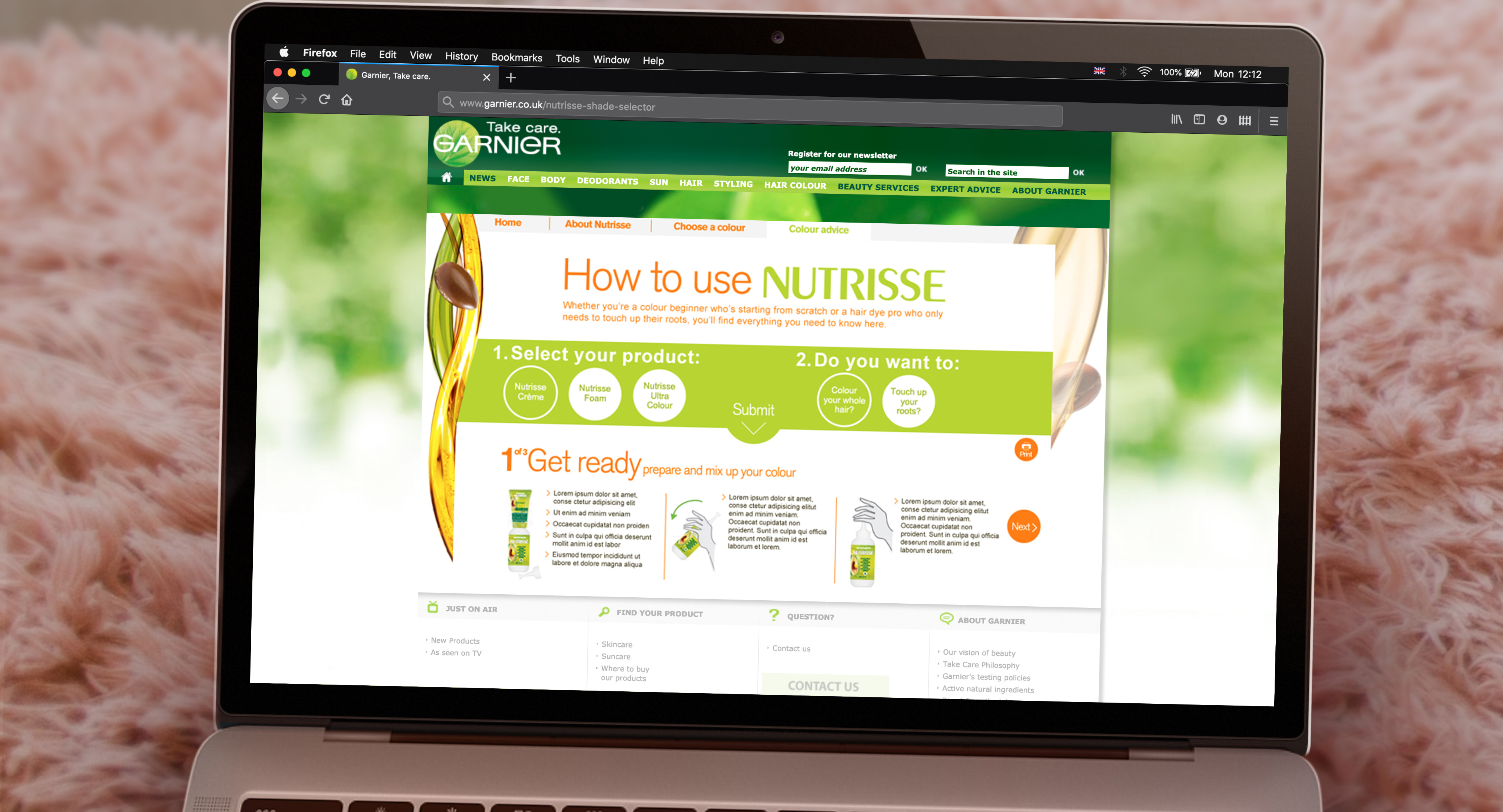 COLOUR ADVICE - Here, a user has selected 'Nutrisse Creme' from option 1. and 'Colour your whole hair?' from section 2.
