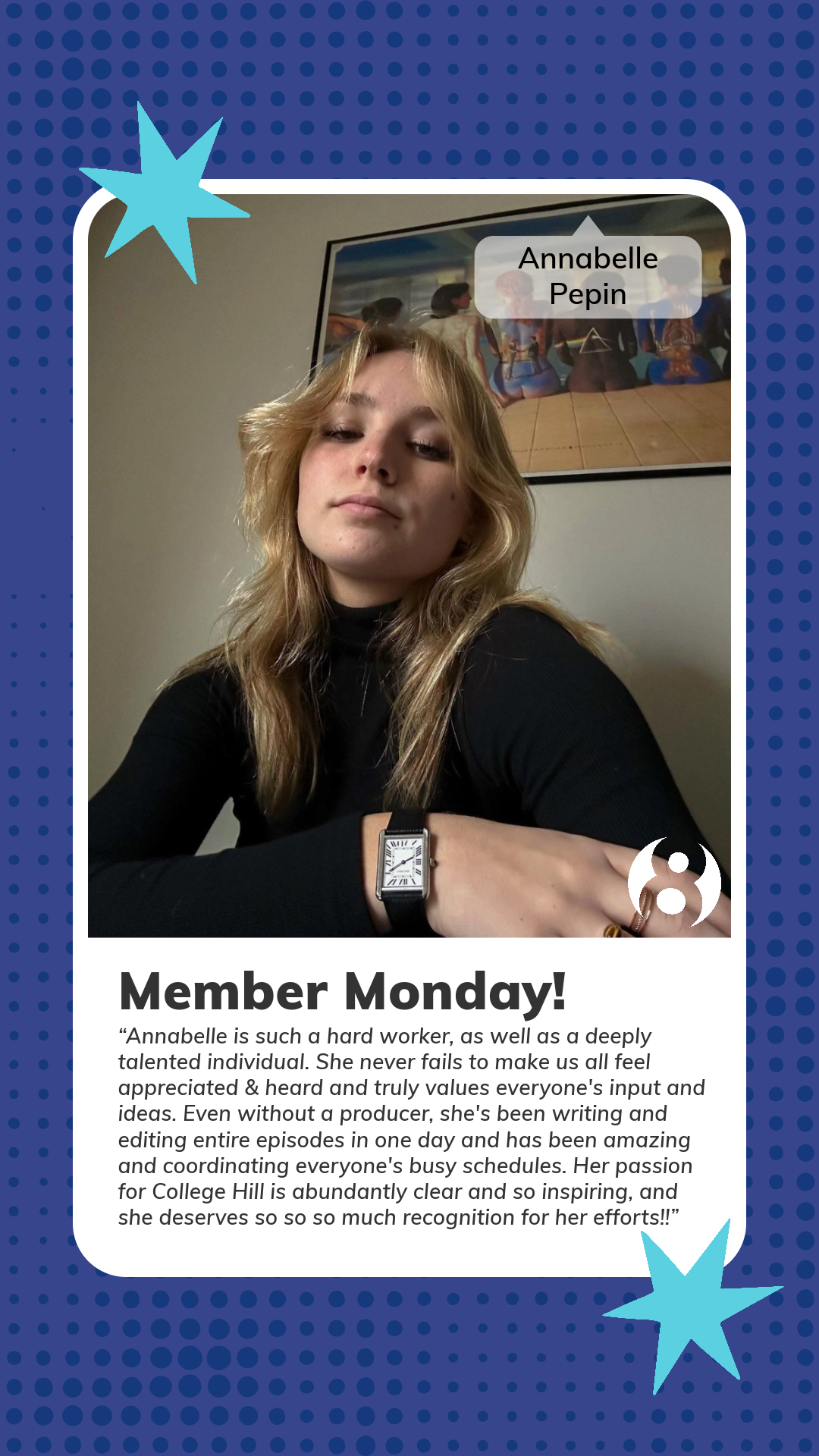 Fall 2023 Member Monday - A template used weekly on the Instagram story to promote stand-out members of the club