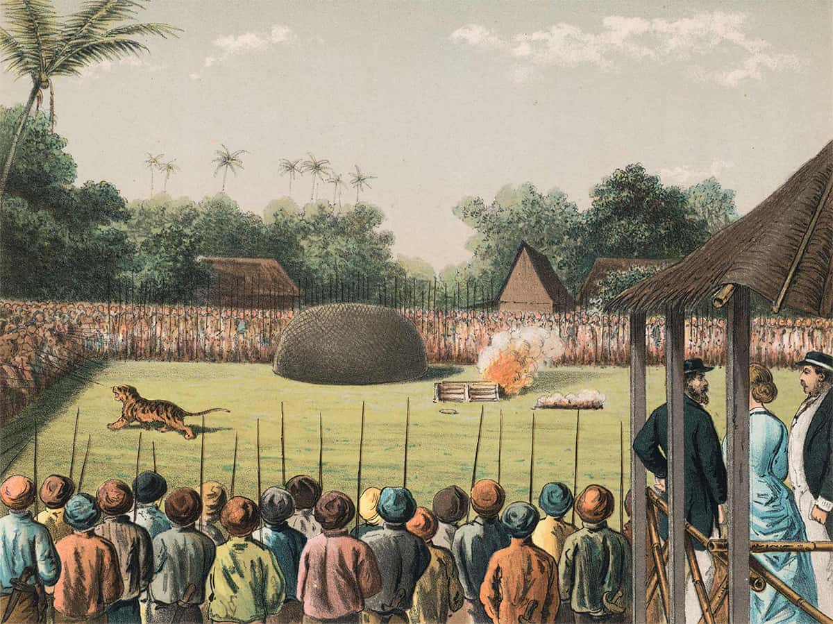 Color lithograph depicting a rampok macan (tiger fight), after a work by Josias Cornelis Rappard (1824–1898), c. 1883.