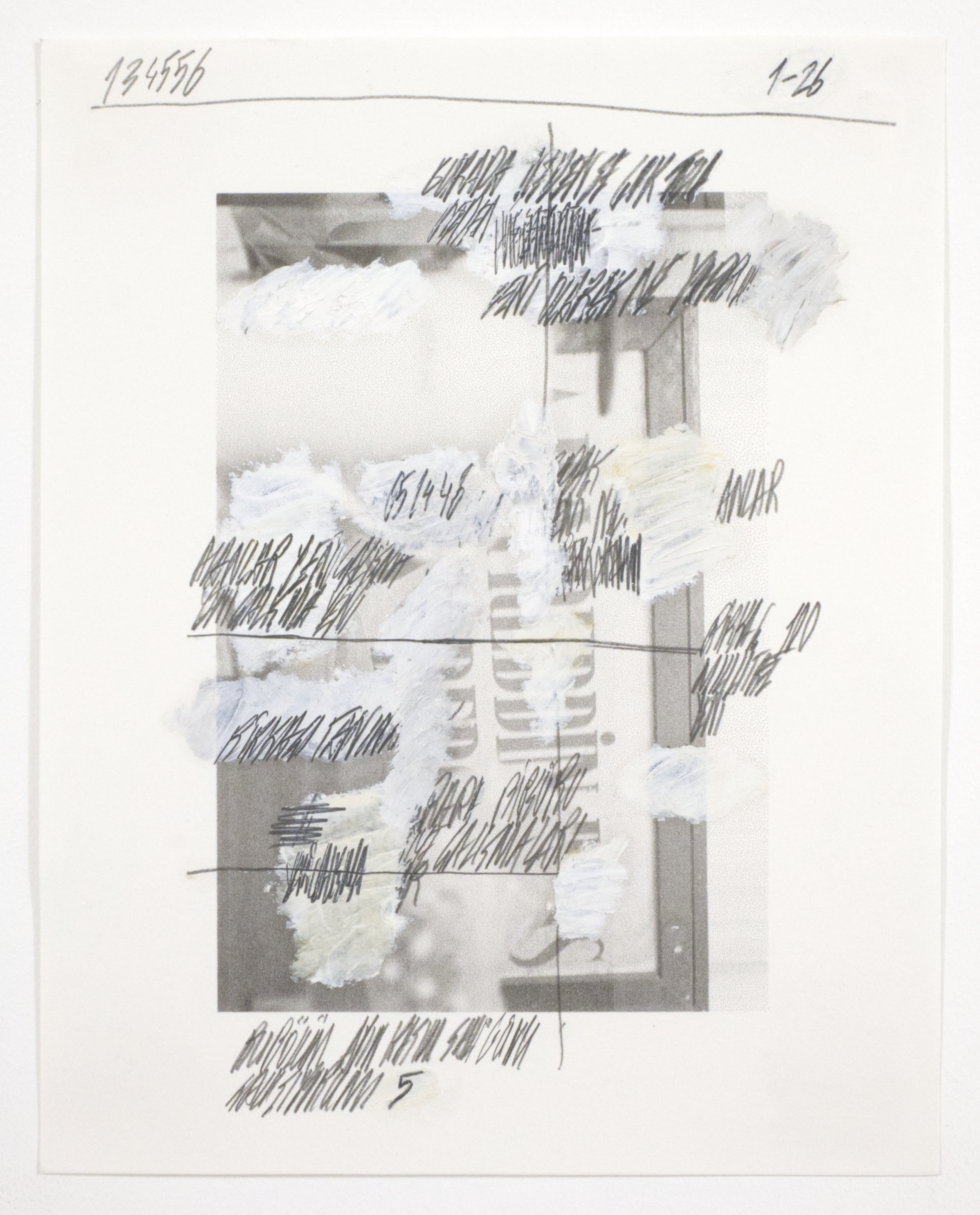 1-26, 2019. B&W film, graphite, oil on paper, 16.8 x 21 cm. (6.6 x 8.2 in.)