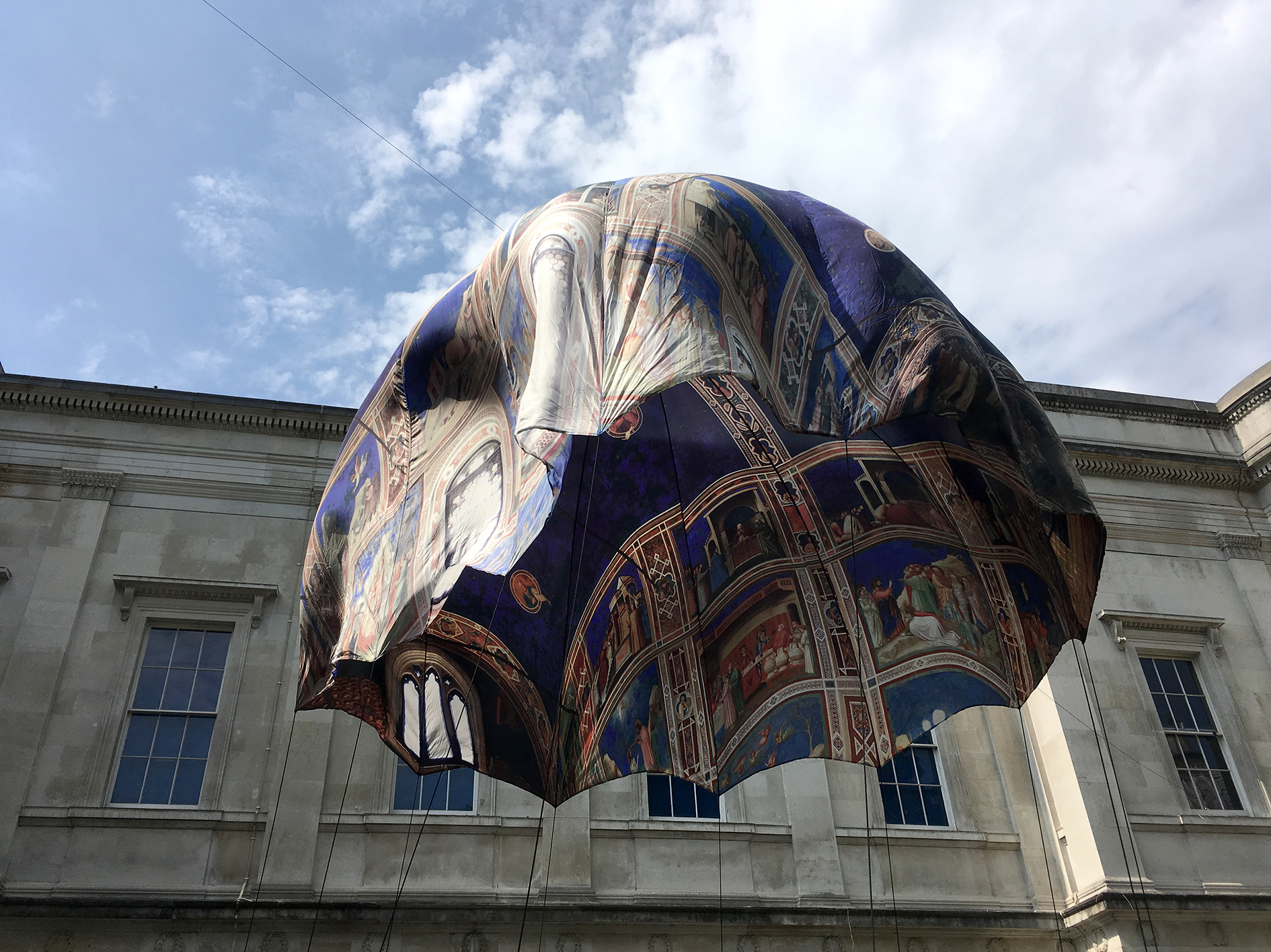 (Don’t) fall on me, Arena Chapel, 2016, 500cm D, digital image on silk, polyester rope, industrial fans (exterior view)