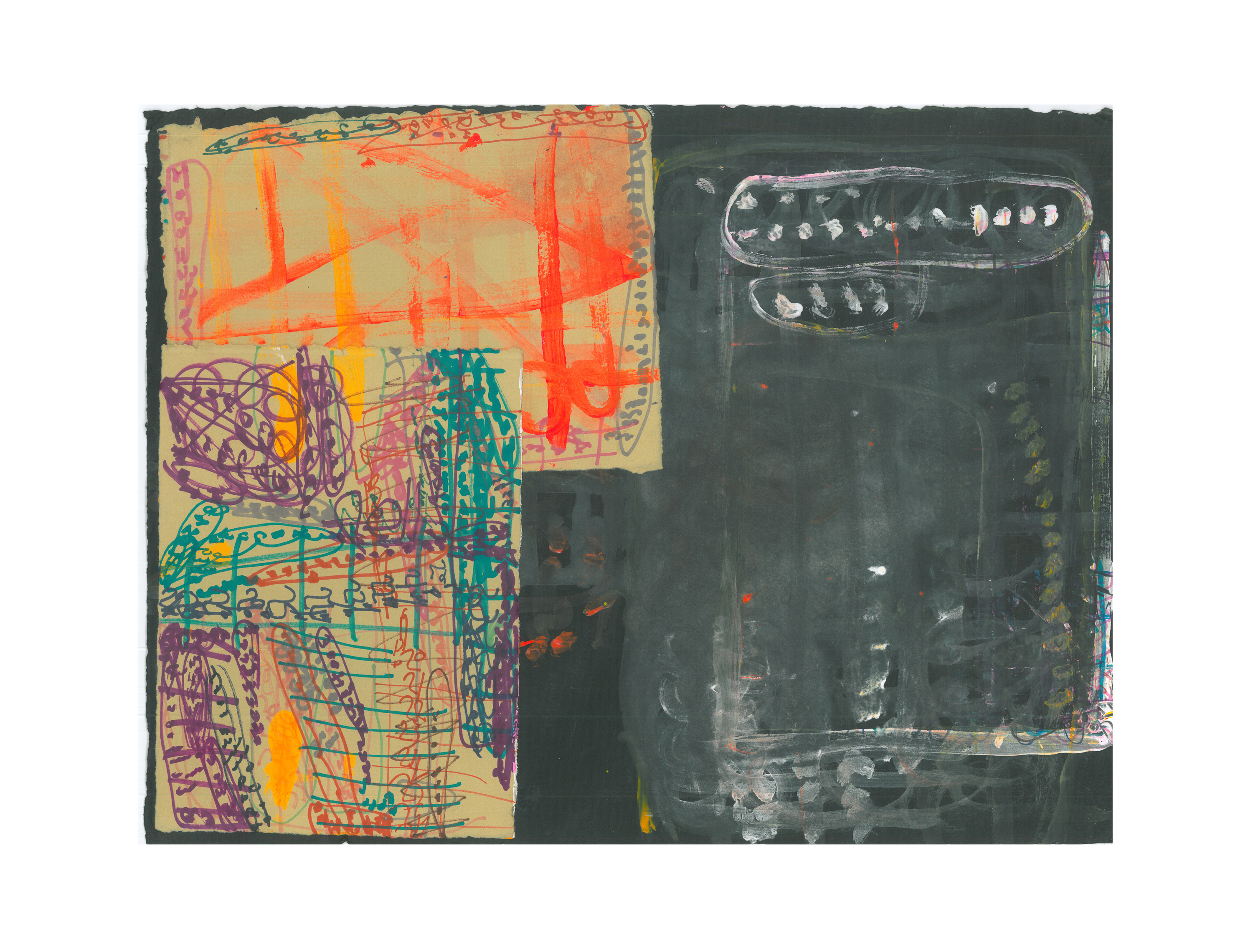 Nicole Storm | NS 47 (2017) | 11.5.x15 inches | Mixed media on paper | Opening bid $650 Raw edged black paper featuring two paper drawings collaged on top. The black papers is layered with white paint and lines of yellow, blue and red ink, forming an abstract grid shape. A rectangular drawing on tan paper appears horizontally in the upper left corner, containing red-orange paint strokes and intricate repetitive markings in pink, green, grey and green ink at the edges. A second drawing on tan paper overlays vertically, replete with black, teal, red, black and purple ink markings, forming a complex pattern.