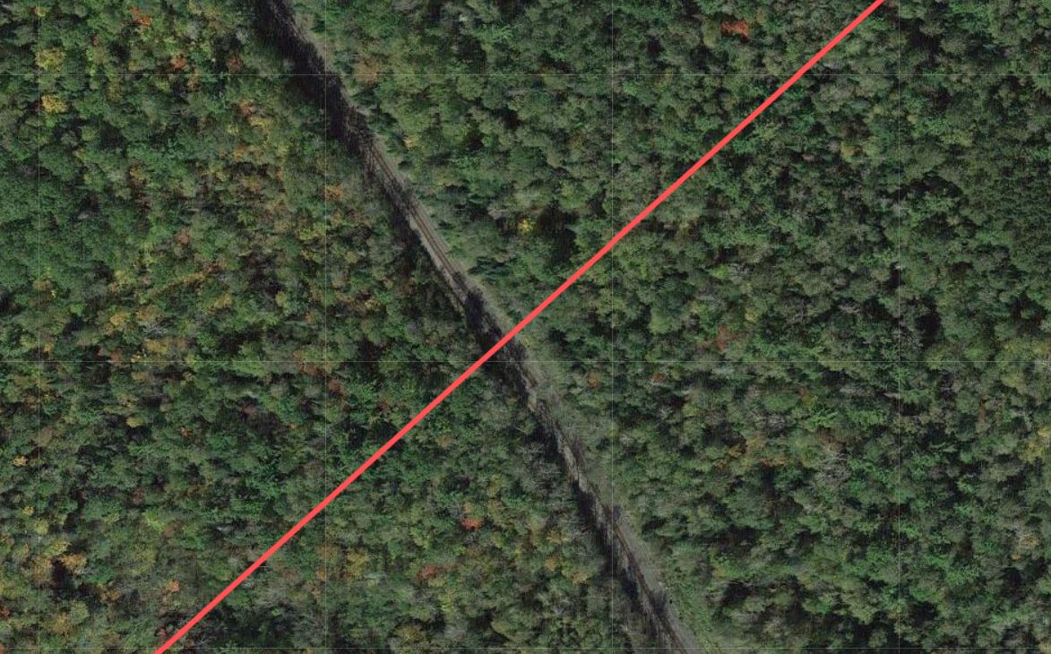 Hauer, Wisconsin. THE LINE crosses the train tracks.  Walked by Meg Lundquist in 2021. Google maps screen capture.