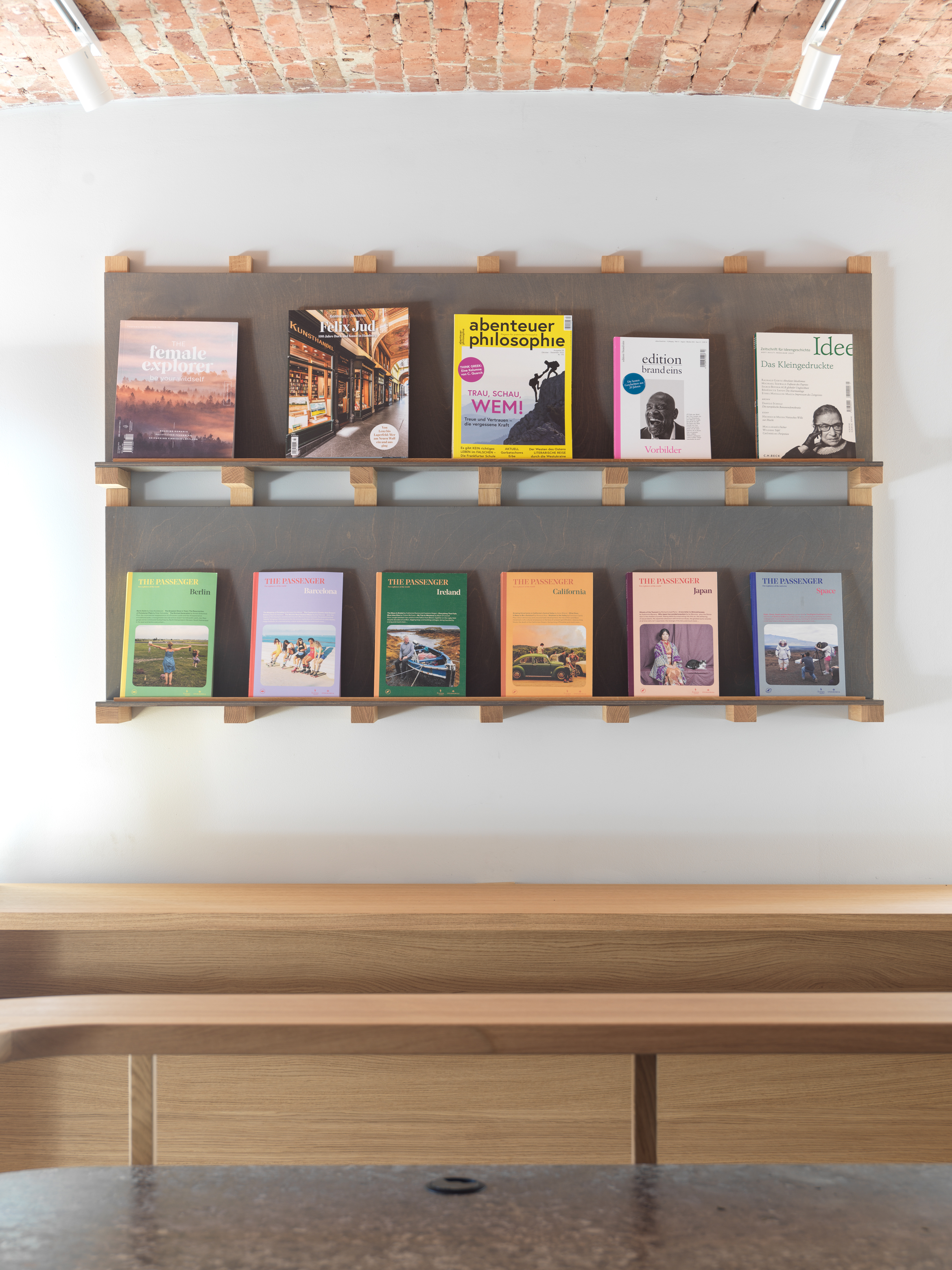 Magazine wall in the cafe.