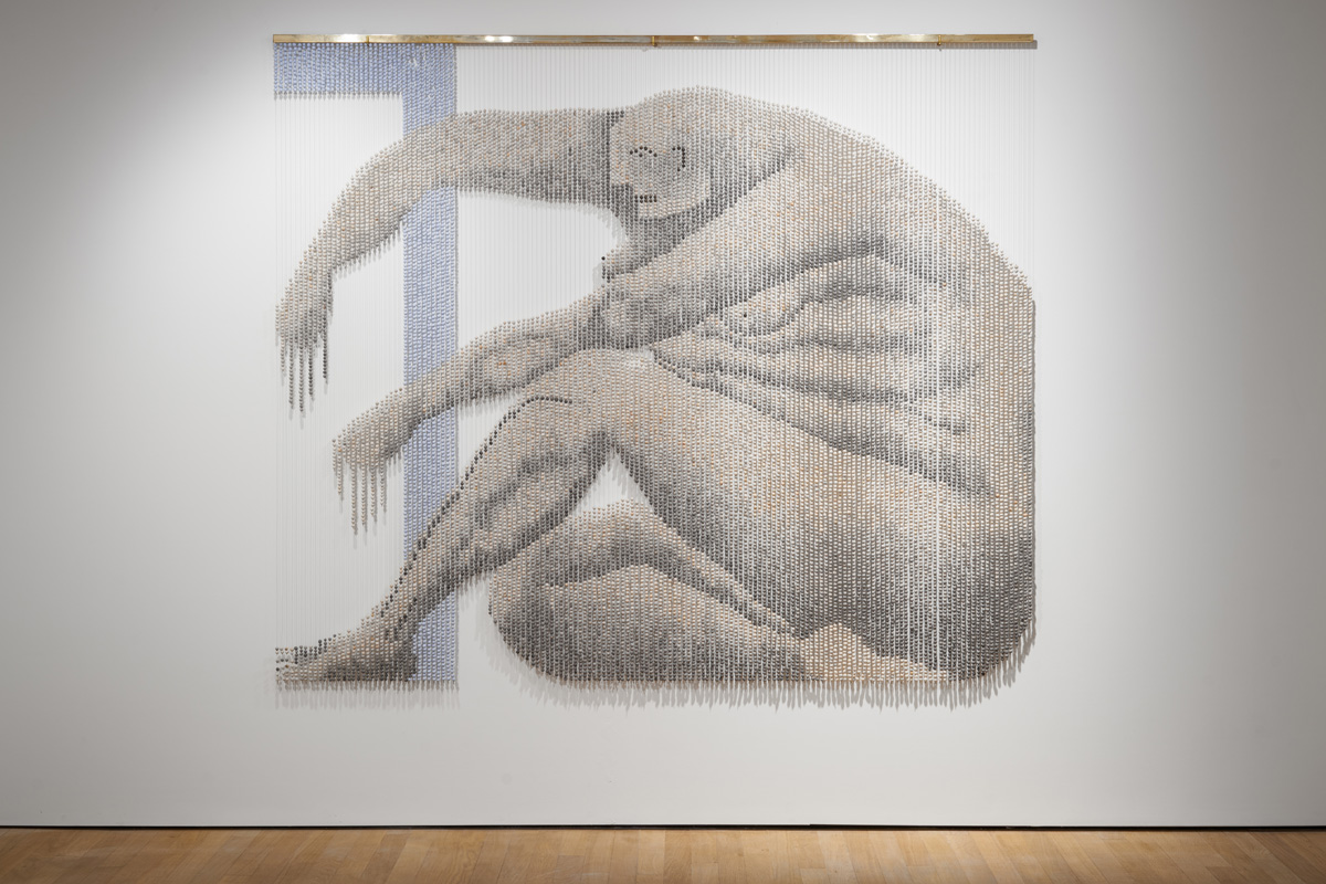 Zoë Paul, Untitled (white clay) (2019) | Ceramic and porcelain beads, brass, steel cable, silver, 240 x 206 x 2 cm