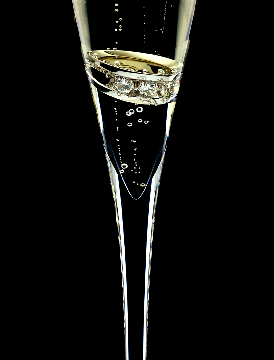 KMA photographer photographs champagne glass with bubbles for DS Champange against a black background