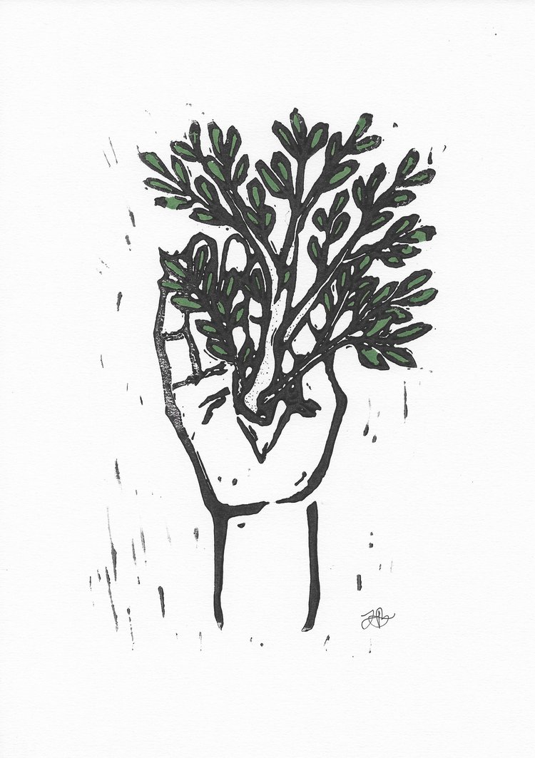 What grows out of you, 2020, linoleum block ink print, 8.25"x6"