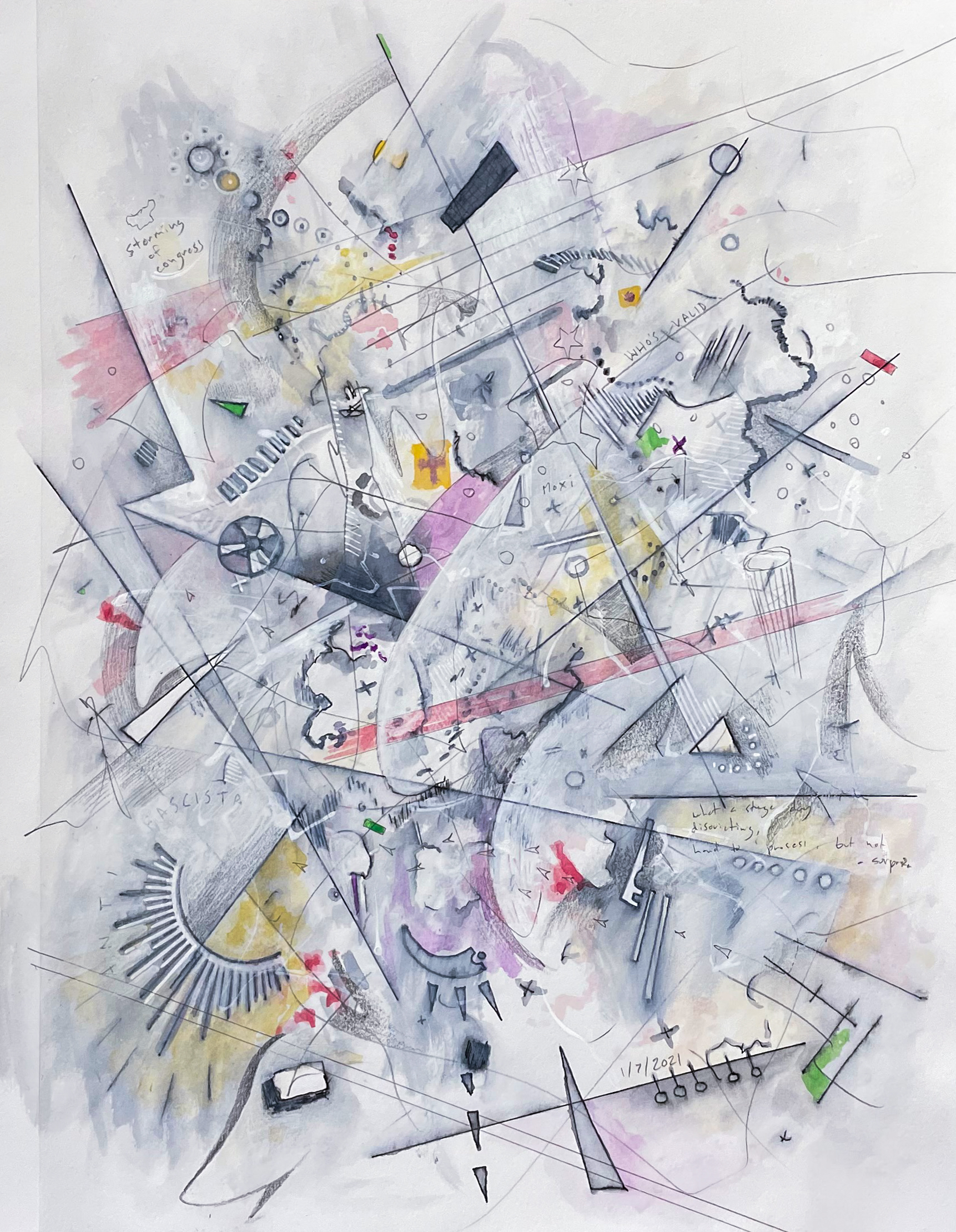 Untitled, 2021, gouache, acrylic, ink, graphite on paper, 9 x 12 inches