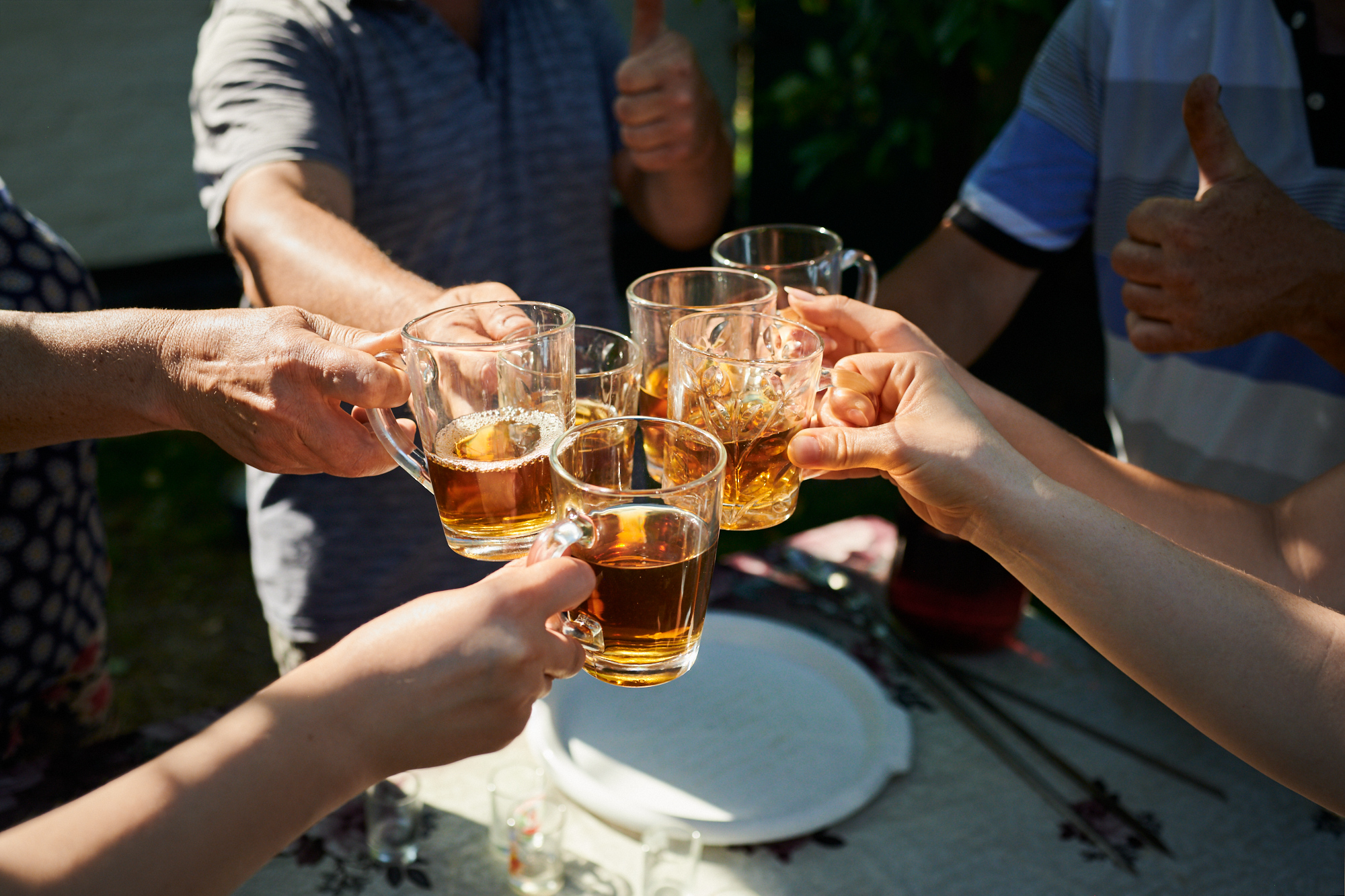 Homemade honey wine. Friends share homemade honey wine (similar to mead) during a summer picnic in a village beekeeper’s orchard and apiary.