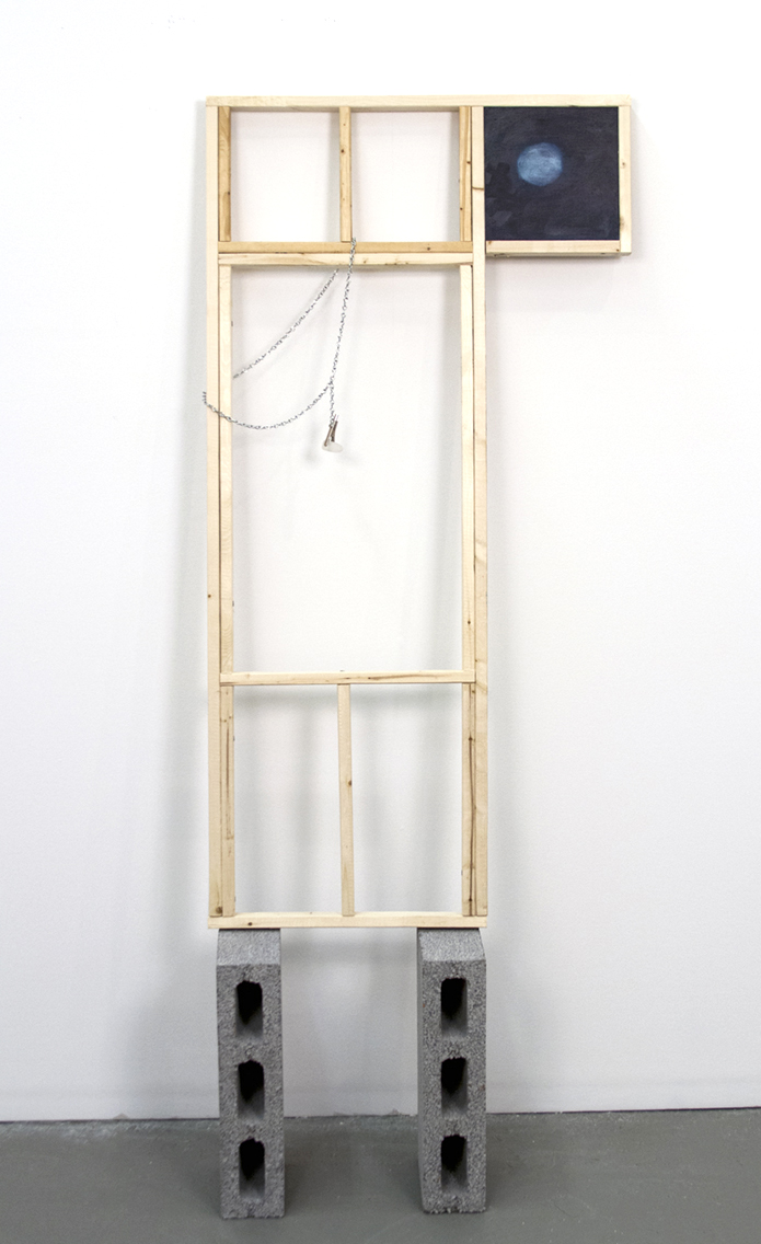Suncatcher (And Lou Reed Playing), 2018, dimensions variable. Wood, screws, concrete blocks, steel chain, steel clip, epoxy resin, oil on panel