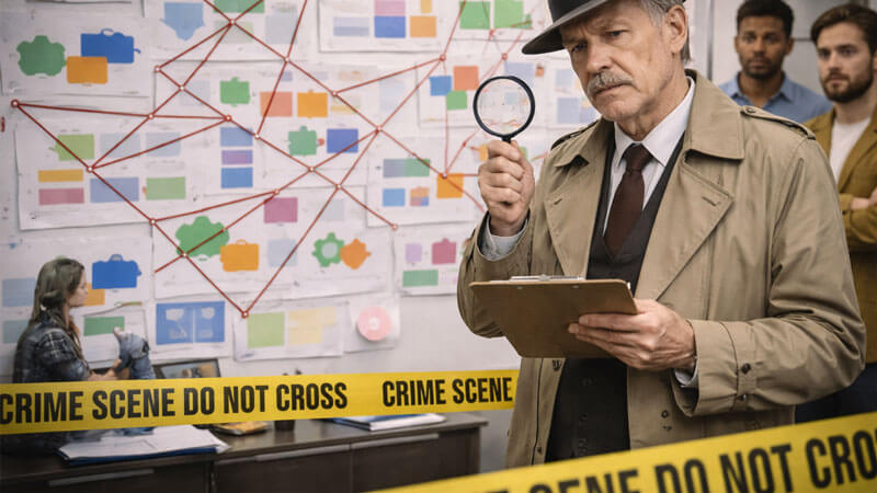A detective in a trench coat stands in front of a wall covered with mismatched brand assets (different fonts/colours represented as abstract swatches). Red string everywhere. Everyone looks guilty.