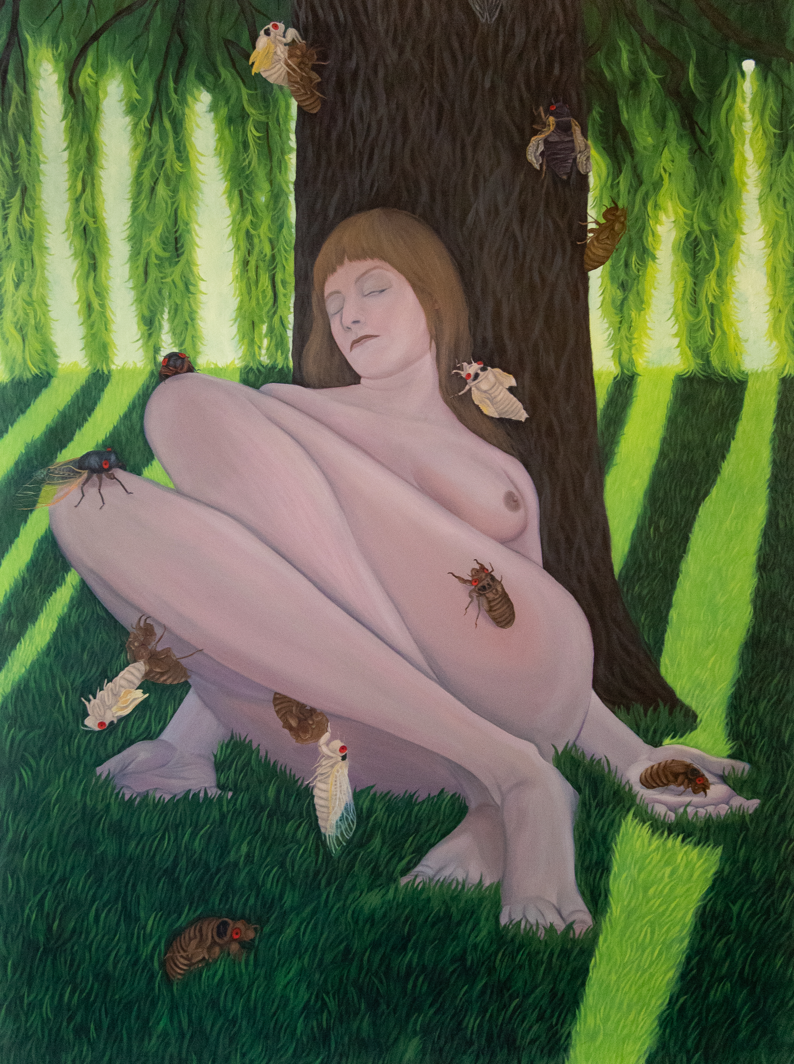 Painting of a nude woman with a light skin tone who is laying, body partially folded up, against a tree and on top of deep green grass, and surrounded by larger than life insects.