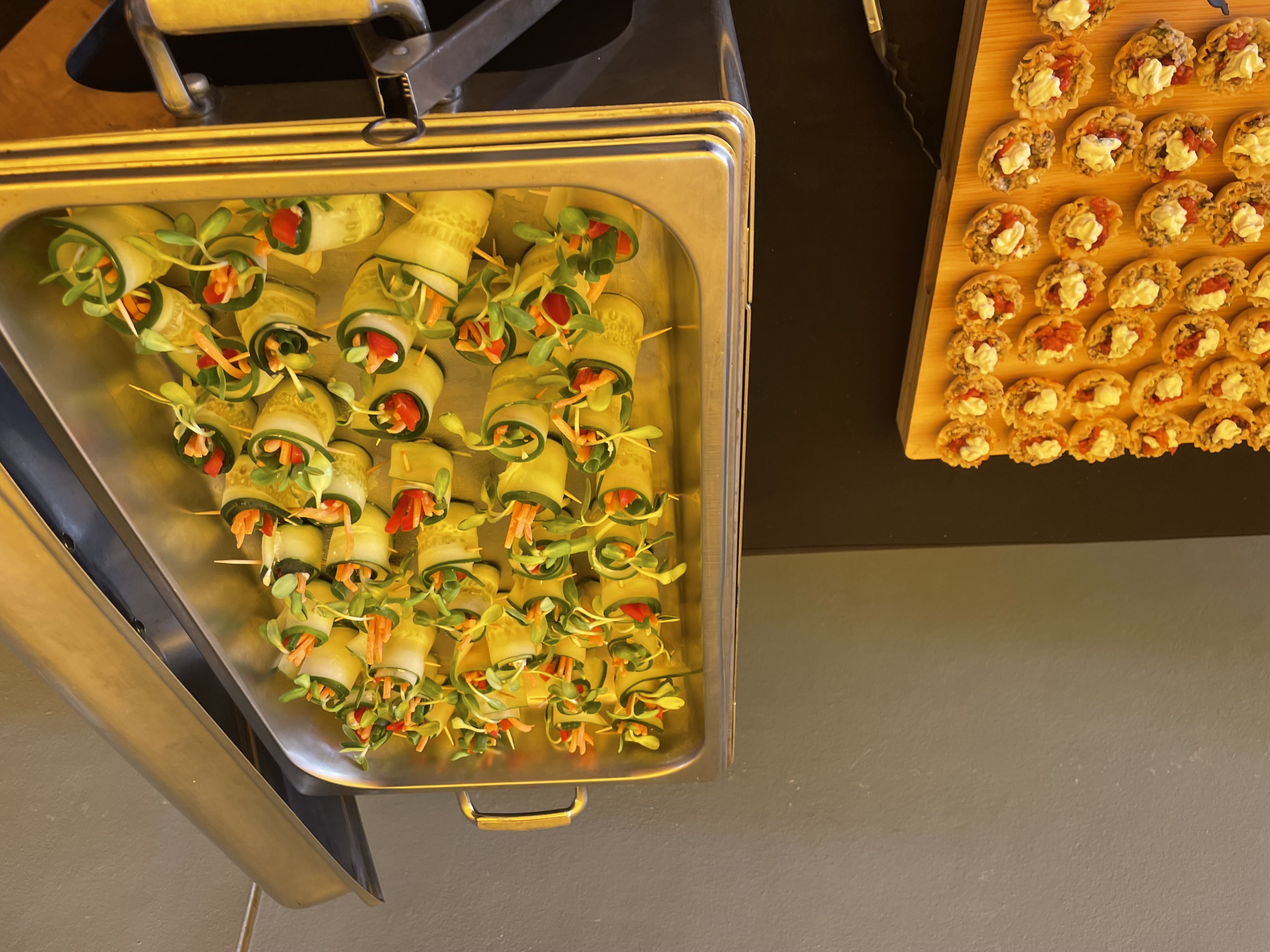  Cucumber Rolls with red pepper jelly, cream cheese, carrot, scallion, bell pepper accompanied by housemade peanut sauce