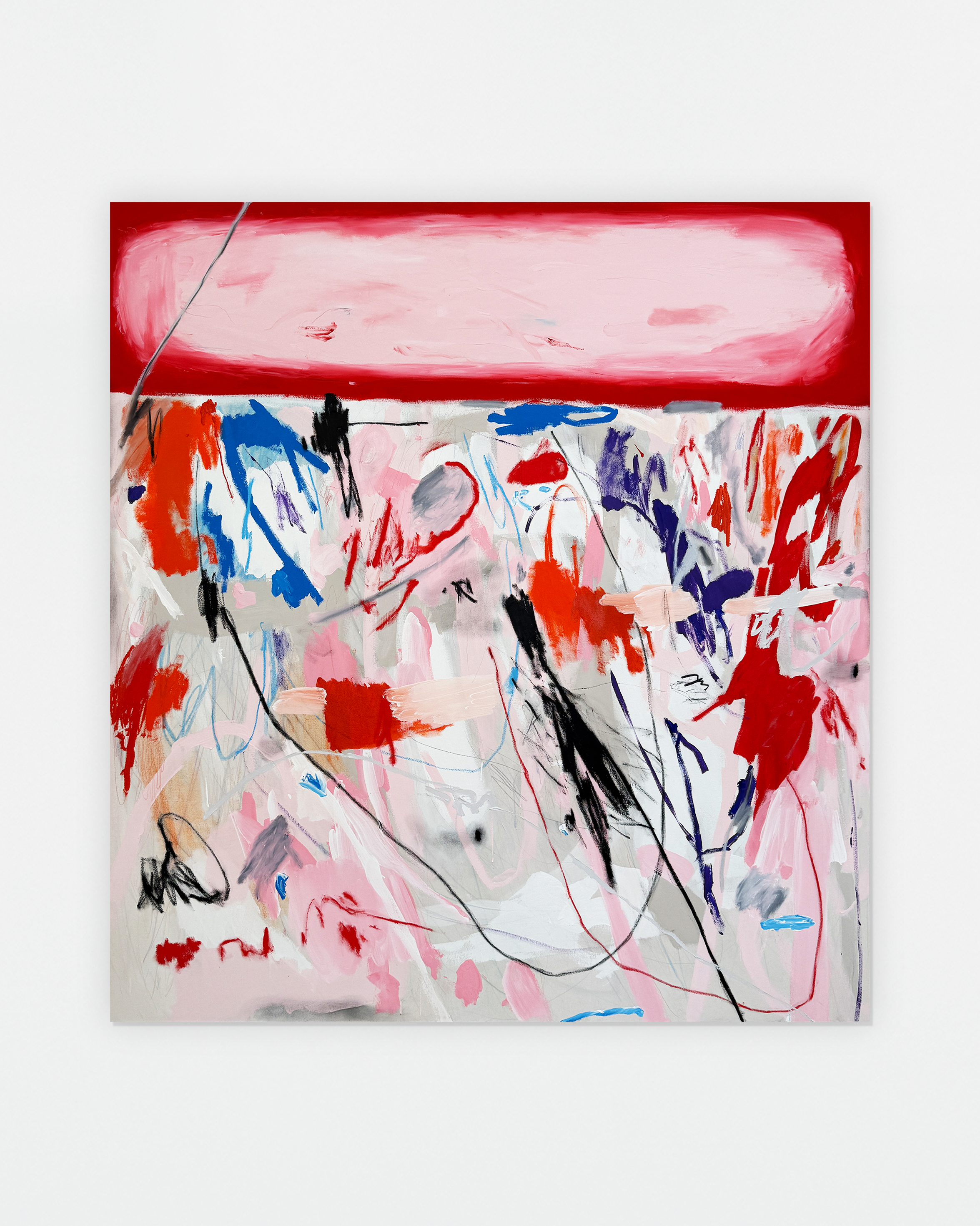 Peso del deseo. Acrylic, oil stick, charcoal & graphite on raw canvas, 175 x 180 cm, 2025.