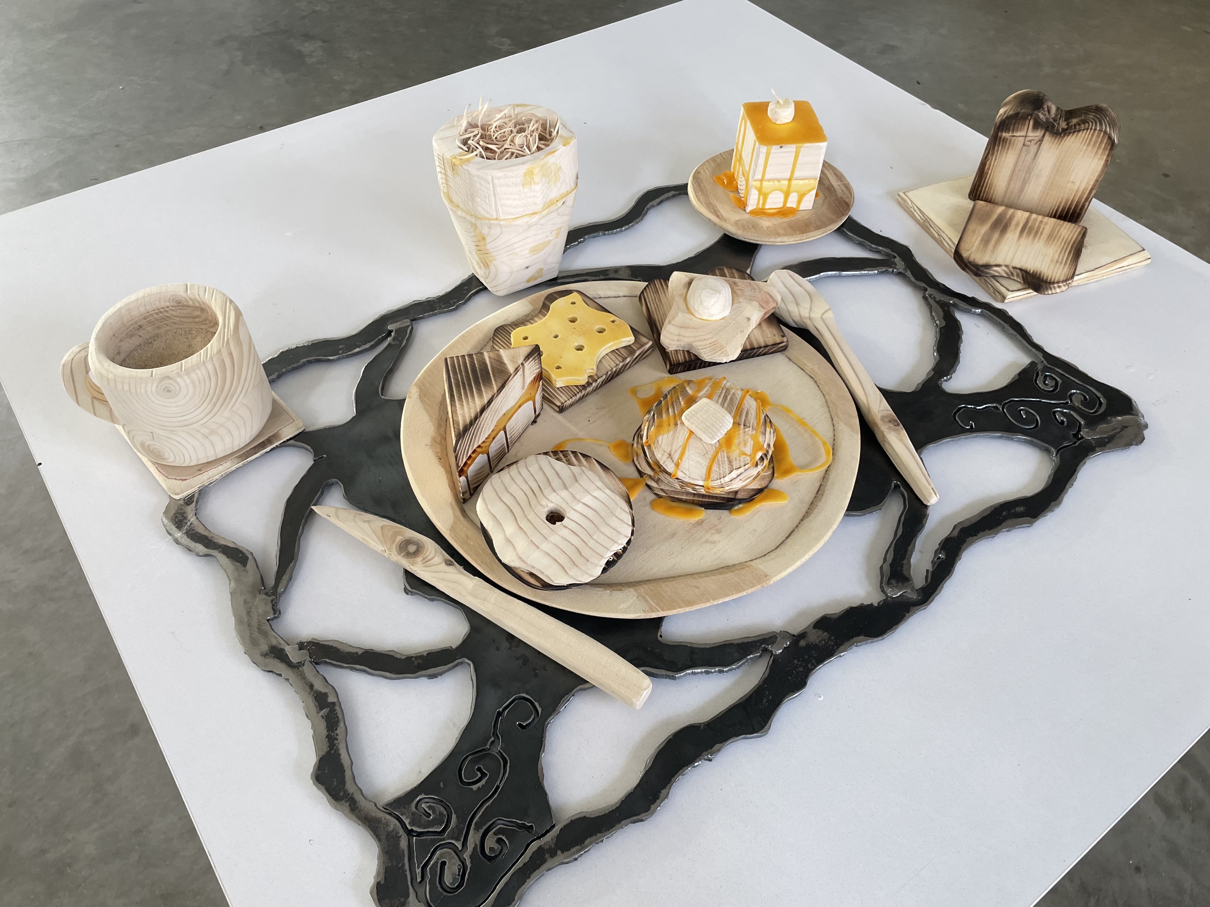 Foods | Wood, wood glue, sawdust, sheet metal | 29 x 25 x 7 in | 2022 | Breakdance | Steel | 2022 | Photographs by Dara Etienne