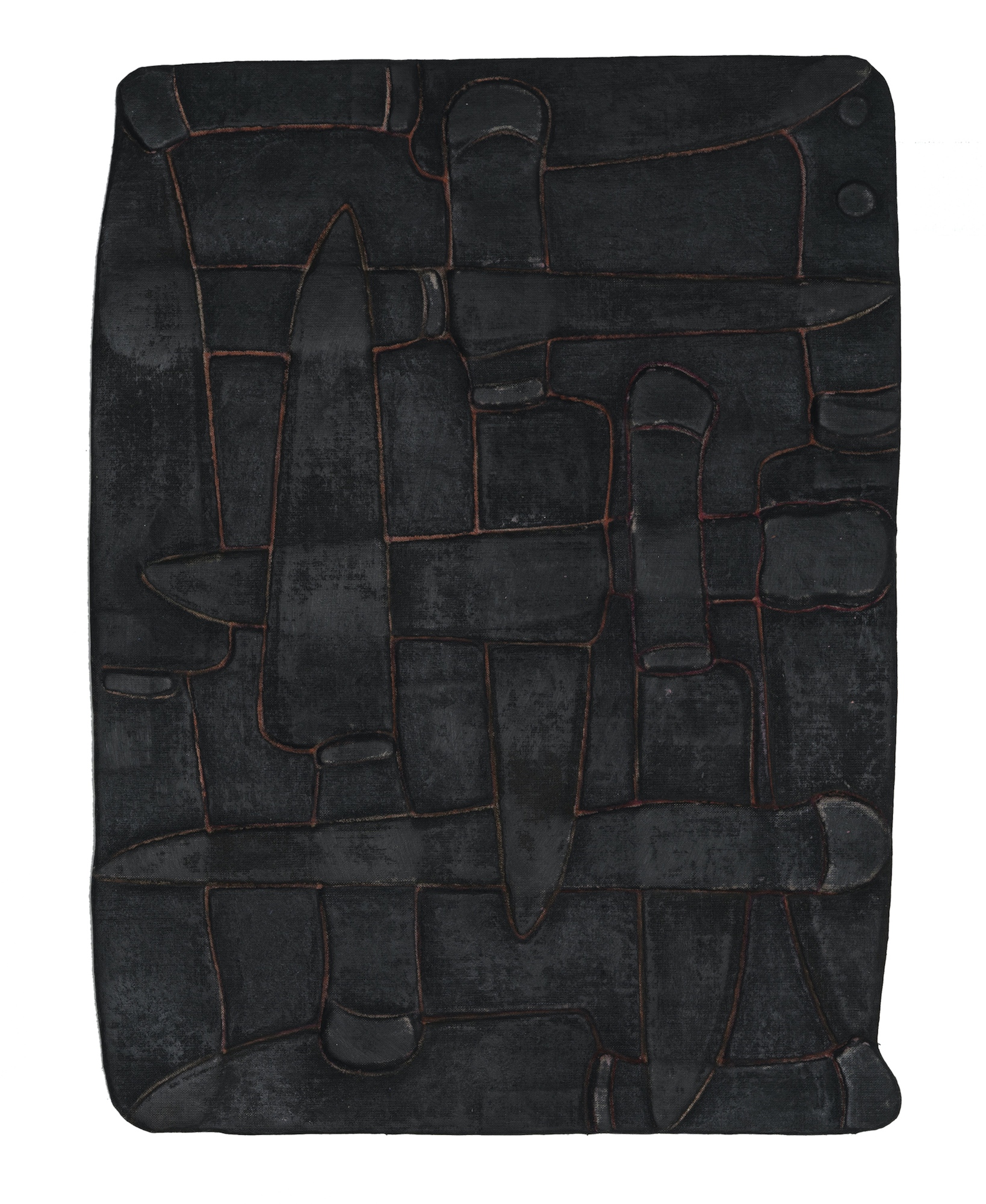  Ten Knives, 2021 . Color pencil, oil and wax on layered canvas and cloth . 31 x 22 cm