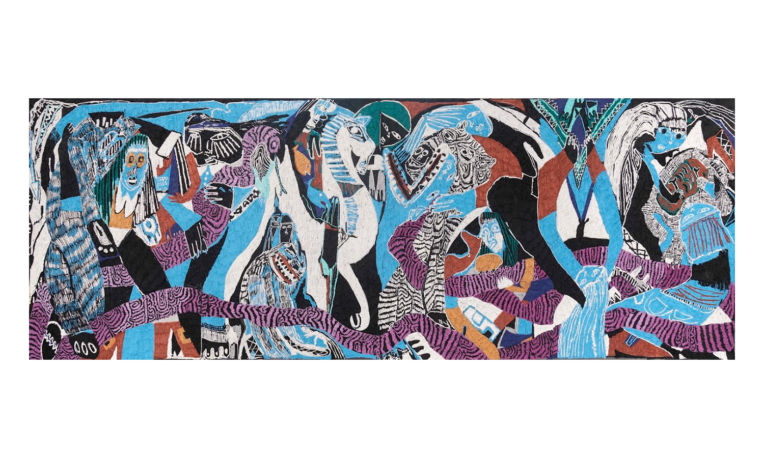 “Gamekeepers” 2018, acrylic on aluminum mesh, 69" x 144"