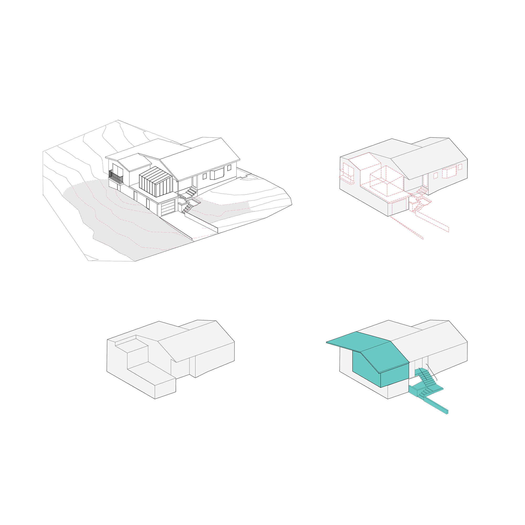 Architectural massing diagram showing the proposed new addition (highlighted in blue/green) and how it integrates with the existing 1970s suburban ranch home.