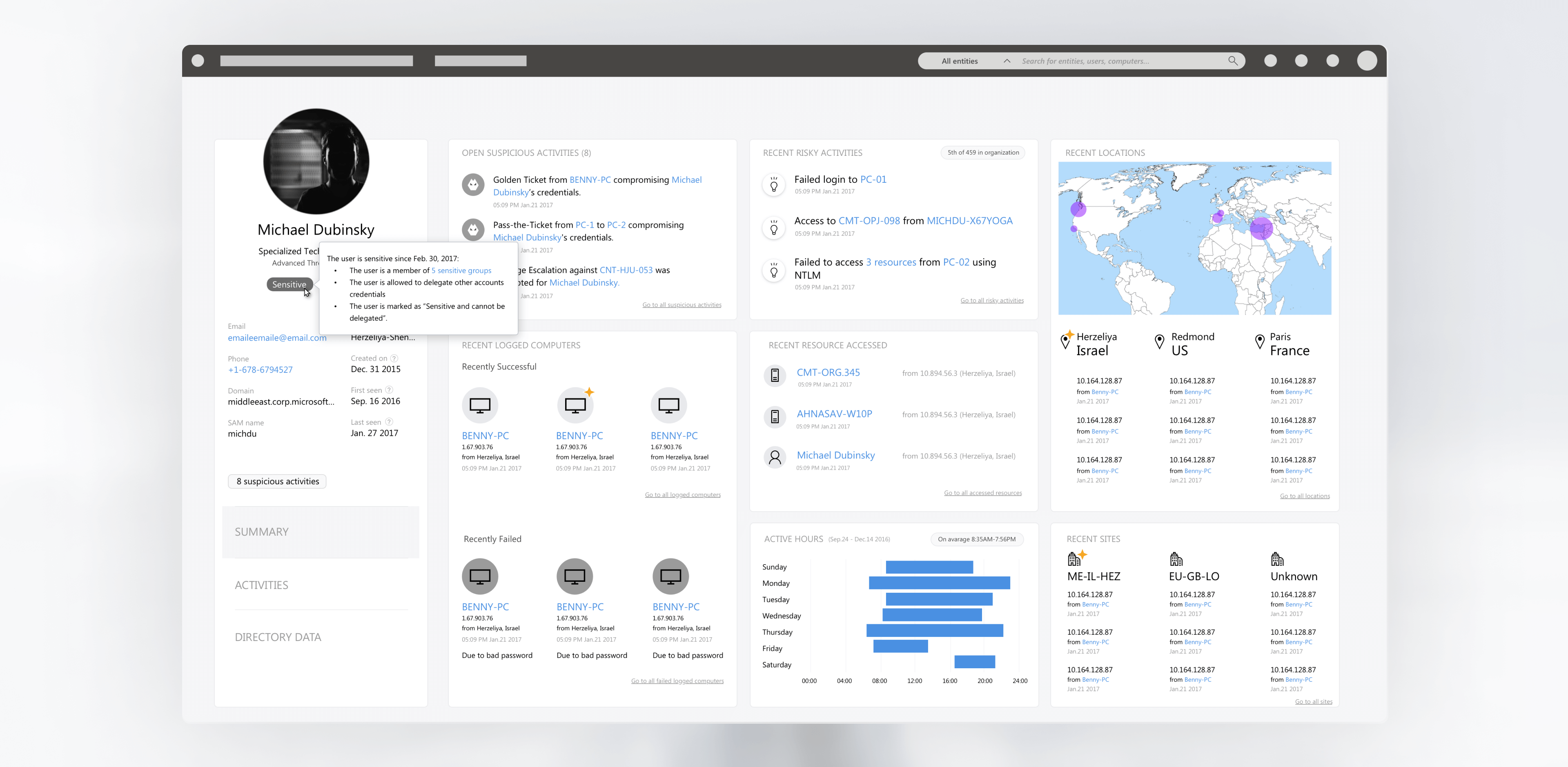 Advanced Threat Analytics (ATA) profile page after redesign, Summary tab (3).