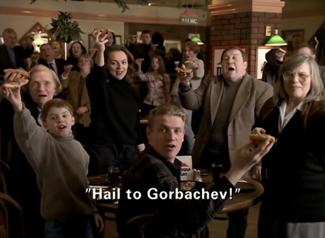 Pizza Hut commercial in the Russia featuring Gorbachev, 1997.