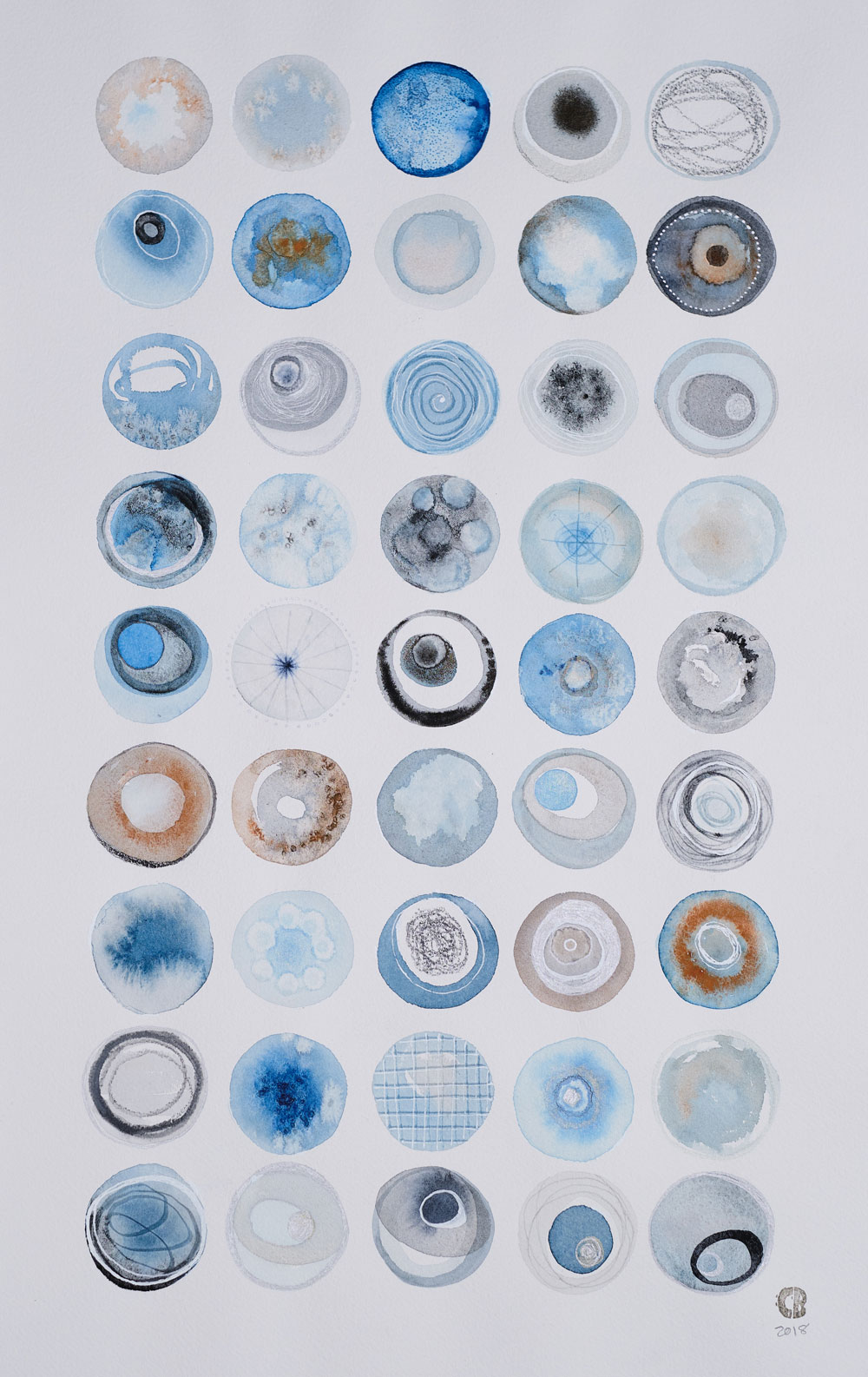 Seeing Circles 2018  Watercolor, ink, and metallic foil 10" x 18"