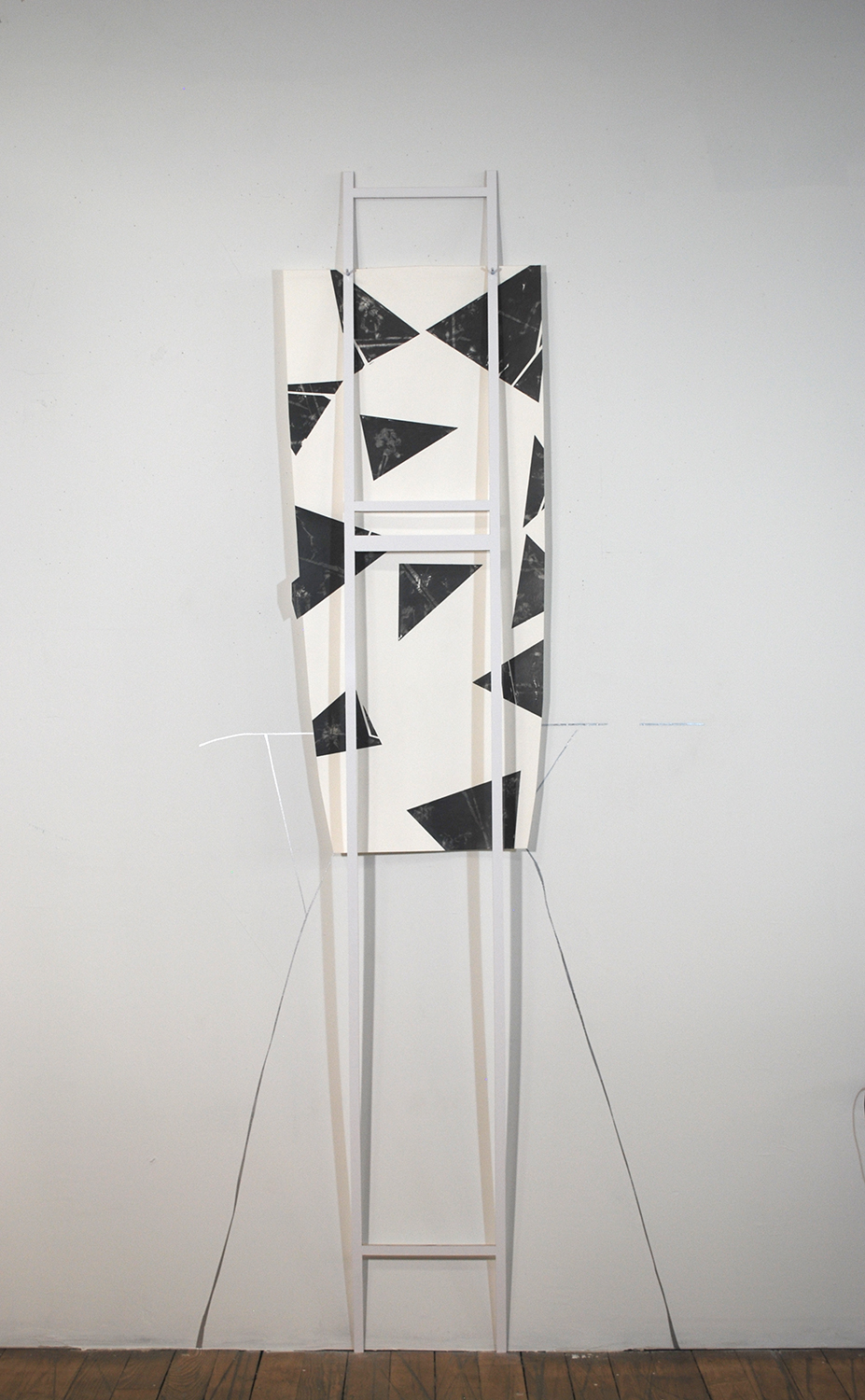 pale trinity  Graphite on paper. Metallic paint and incisions on wall. Formica and wood.  2011 - 83 x 37 x 1