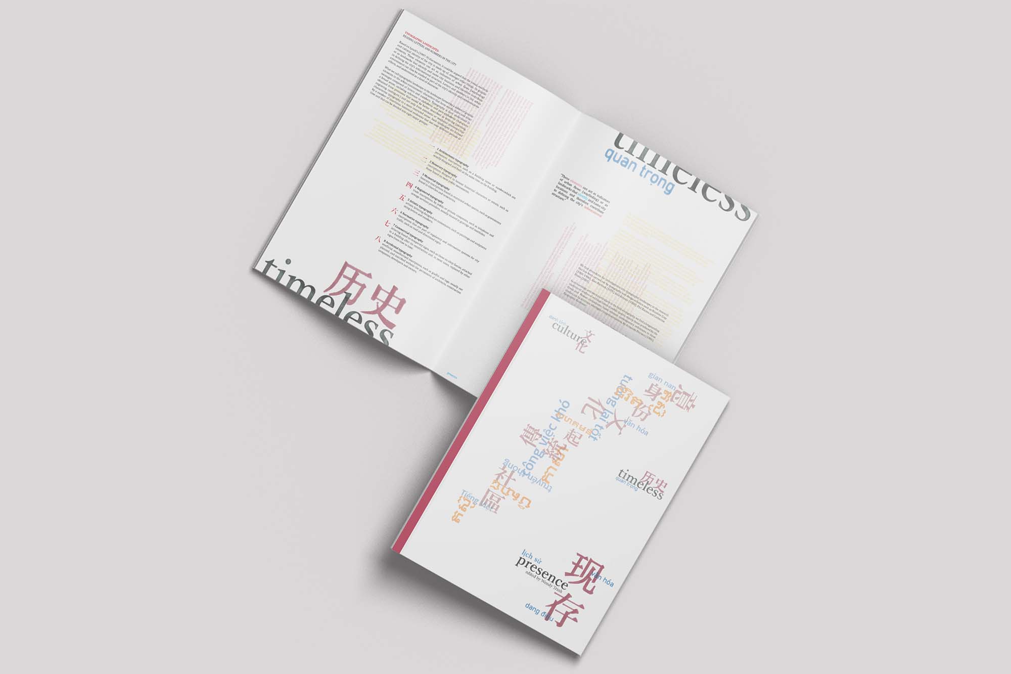 ‘Presence’ is a publication based on Cabramatta. It explores how type can be a form that allows the embracing of history and culture just by making different languages present within the community.