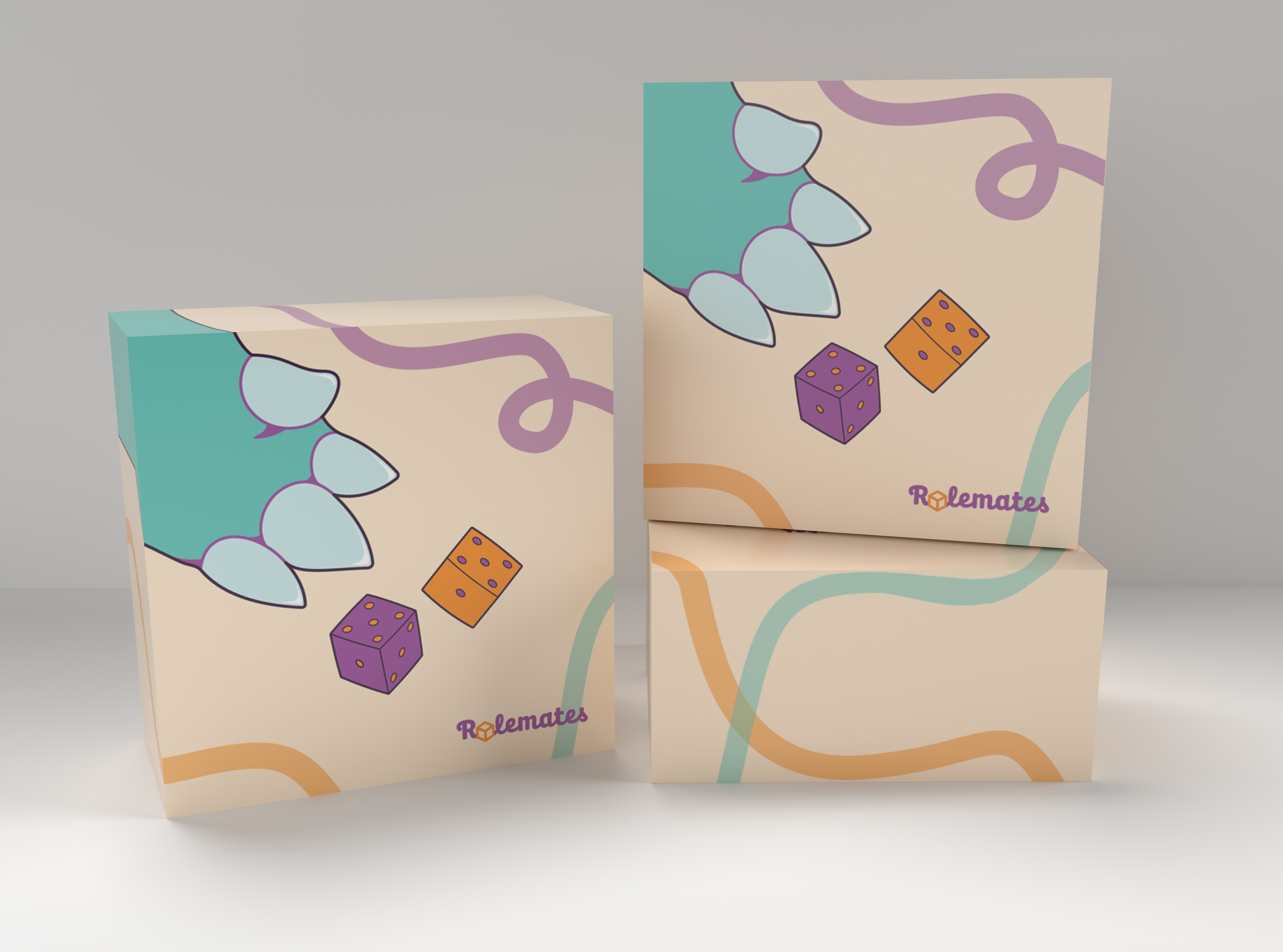 Three dice boxes stacked on top of each other on a white backdrop.