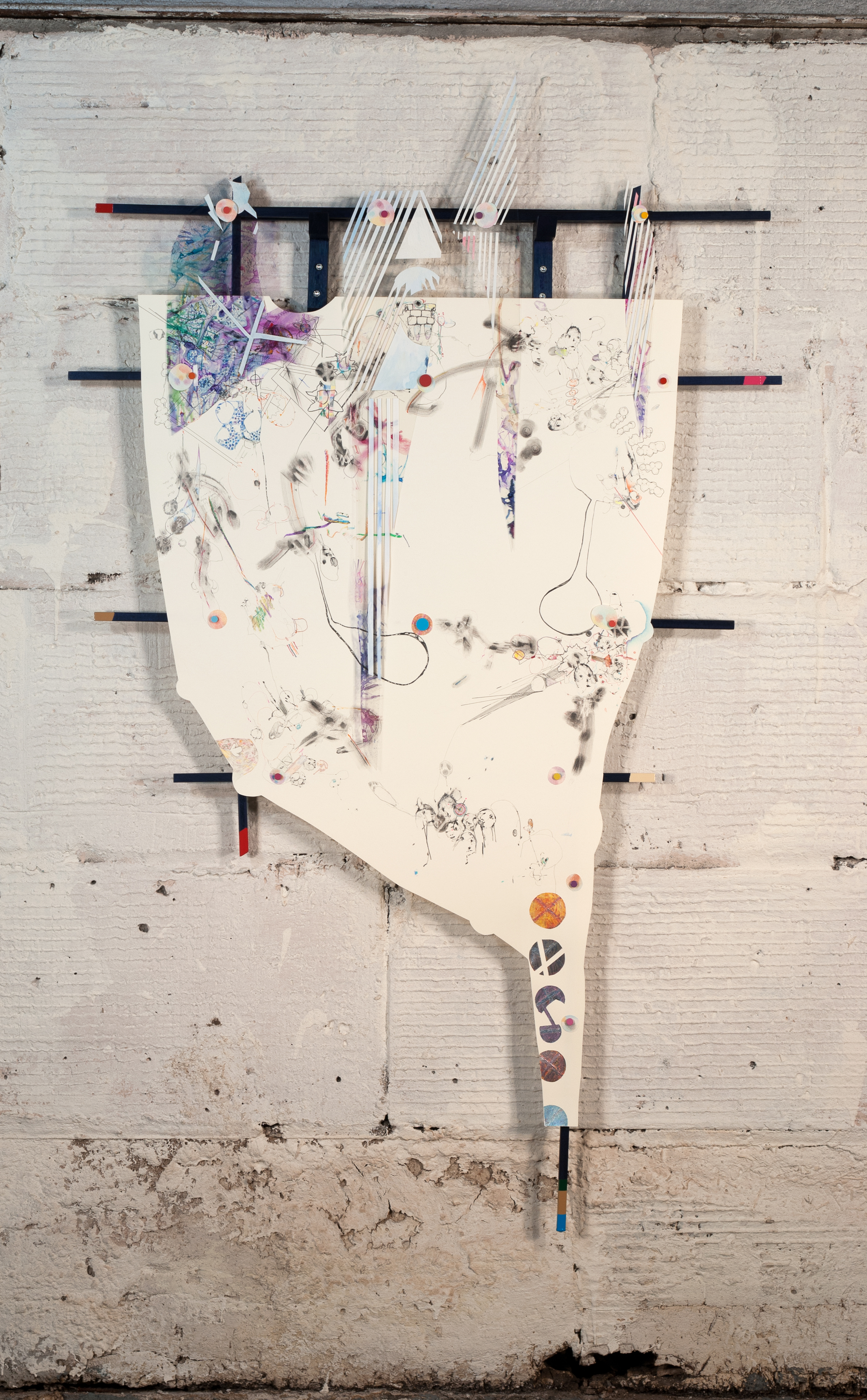 goth dad memory  Ink, graphite, colored pencil, oil pastel, incense ash and oil paint on acetate and paper. Pigmented stain and enamel on wood. Magnets. 2020 - 53 x 33 x 3