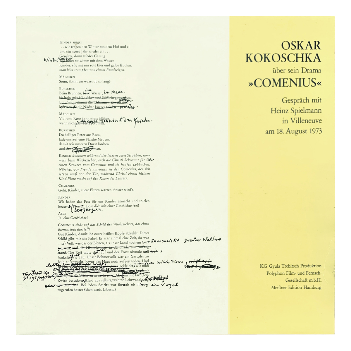 Meissner Edition Hamburg STH I/76 "Oskar Kokoschka über sein Drama Comenius" Oskar Kokoschka | Heinz Spielmann