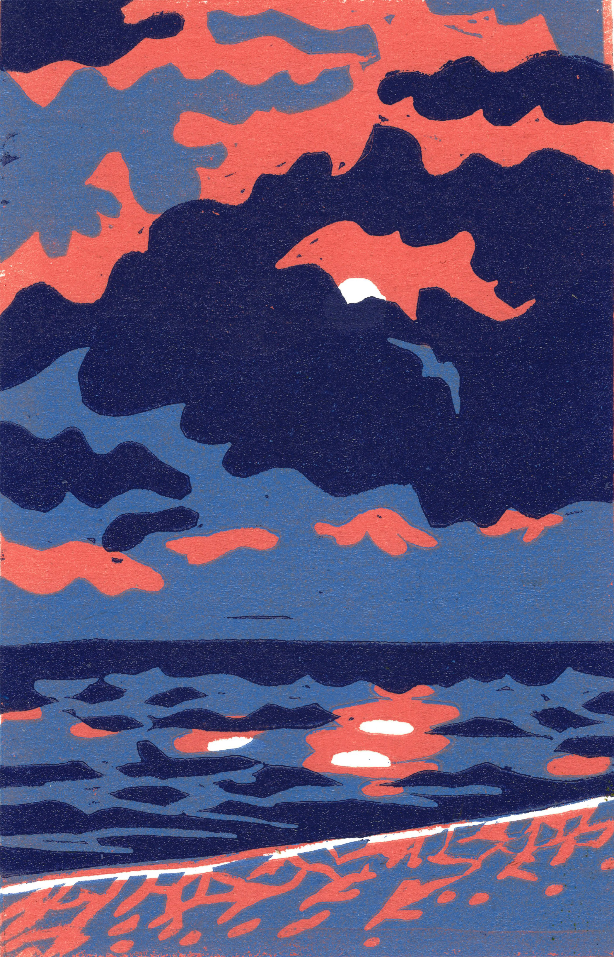 In Waves, three-layer linocut