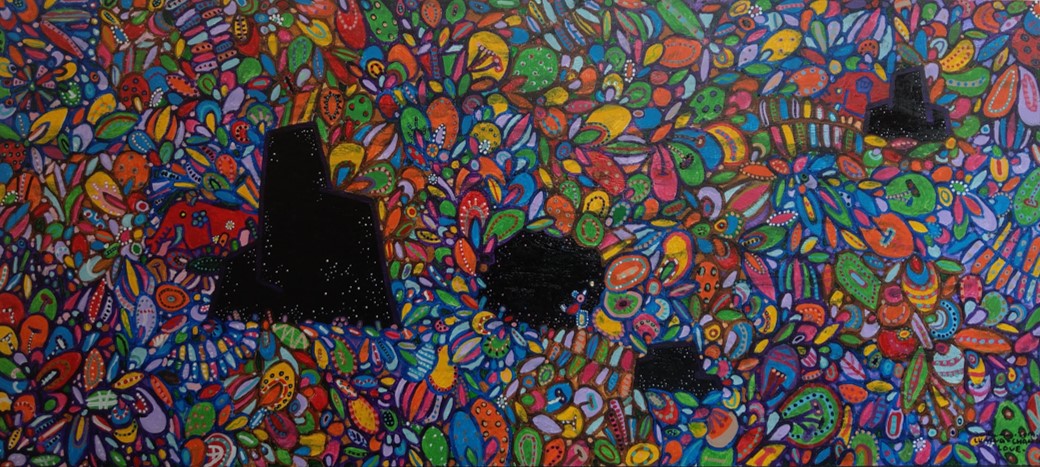 花葉海裡的紅象夫妻。Red elephant couple in the sea of flowers and leaves。Acrylic.Oil paint.Gold leaf.Canvas, 206X91.5CM 2019