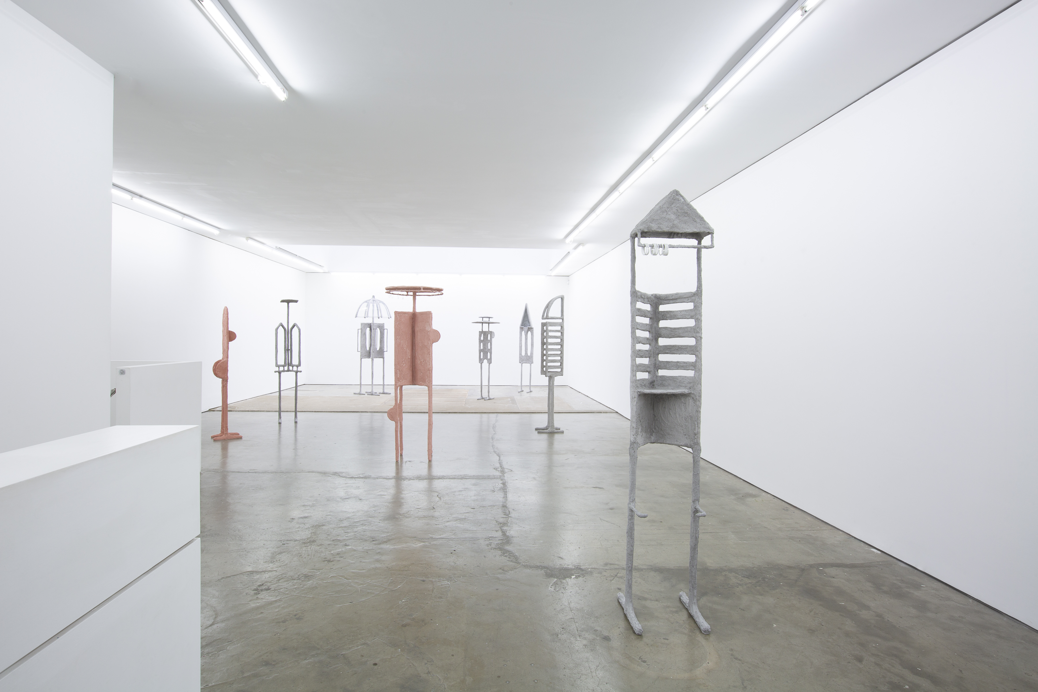 The Crowd (Part 2 - Edel Assanti Gallery), 2020, steel, plaster, burlap, sand, pigment, glass, shower curtain hooks