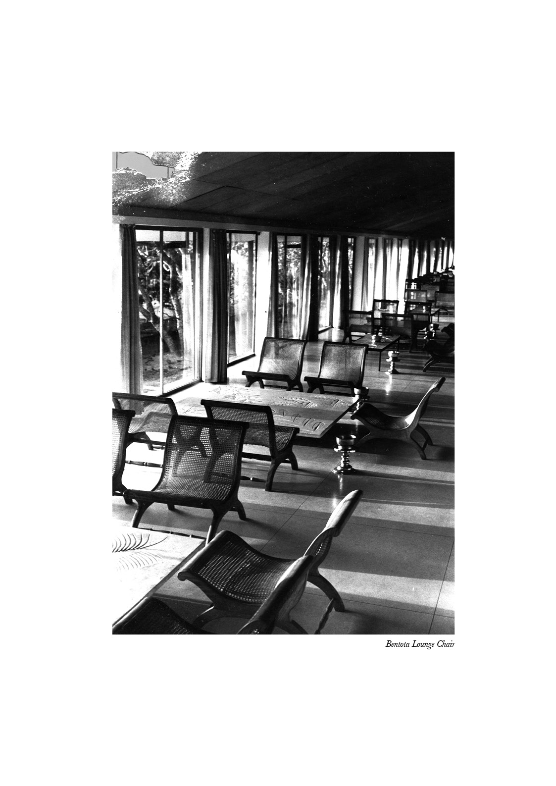 Bentota Lounge Chair, 1967 (Jak wood and Rattan cane)Made in 1967 for the Bentota Beach Hotel, this is an adaptation of a colonial verandah chair, an original of which is in the Bawa collection in the guest suite at No.11, the Bawa residence, which also has three upholstered versions. This particular example was gifted to the Trust by the Bentota Beach Hotel and was displayed at the Deutsches Architekturmuseum “Genius of the Place” exhibition in 2004. A similar chair was designed for use by Mexican architect Luis Barragan, it is unknown whether Bawa was aware of the design or whether these are parallel evolutions of colonial designs in opposite parts of the globe. (Extract from unpublished text by Channa Daswatte)