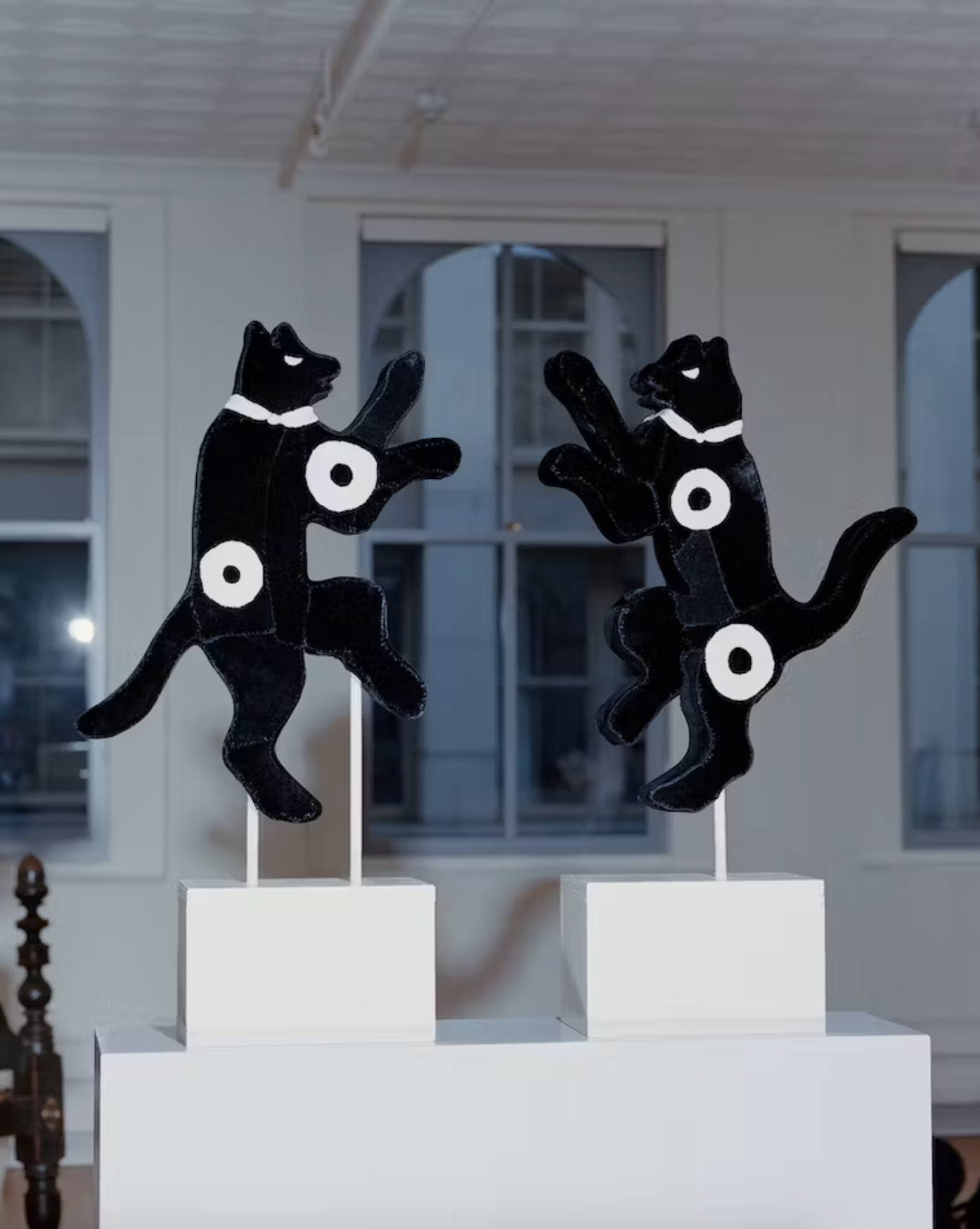 UNTITLED (DOGS), 2023, WOOD, PLASTER, MIXED VINTAGE VELVETS AND SILK, SILK THREAD,  BATTING. INSTALL VIEW, ANGLE OF REPOSE, JACQUELINE SULLIVAN GALLERY, NEW YORK. 