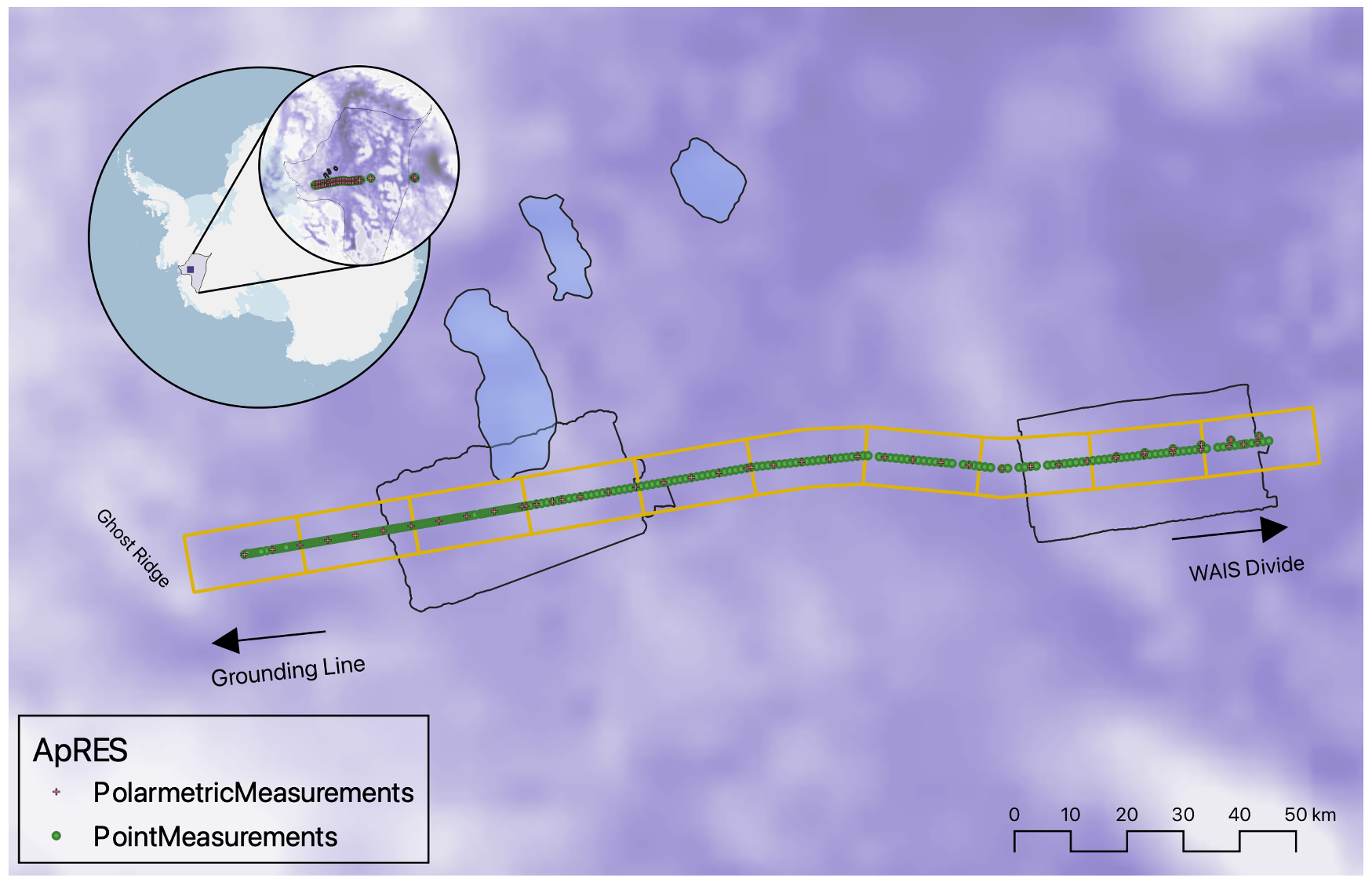 A map of ApRES point and polarmetric sites along Thwaites Glacier, showing our traverse route for the 2022-23 field season.