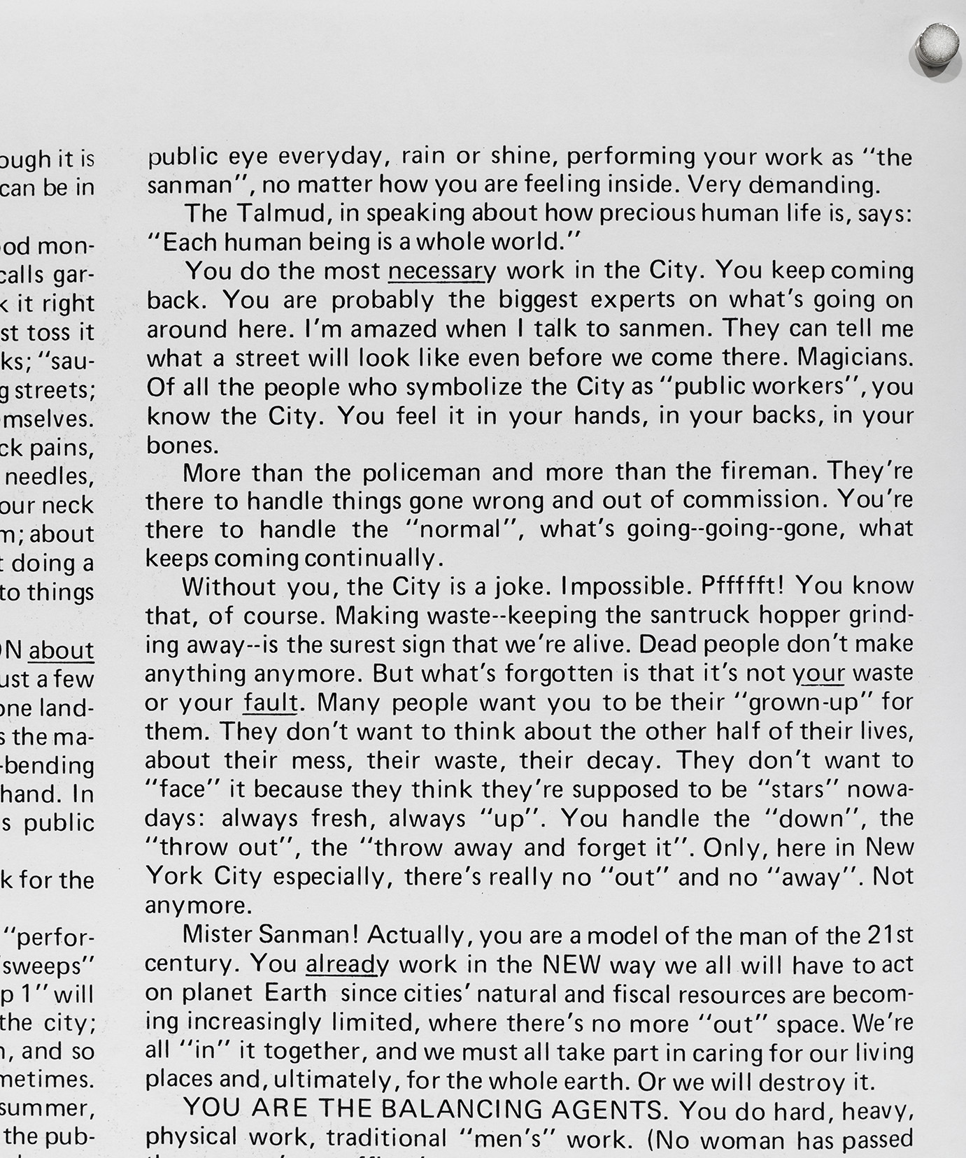 Mierle Laderman Ukeles, "A Whole World," 1979/2023, from TOUCH SANITATION, Artist's Letter of Invitation Sent to Every Sanitation Worker with Performance Itinerary for 10 Sweeps in All 59 Districts in New York City, 1979 Page 2 of a 4 page printed brochure, 11 x 8 1/2 inches. Photo by Etienne Frossard.  