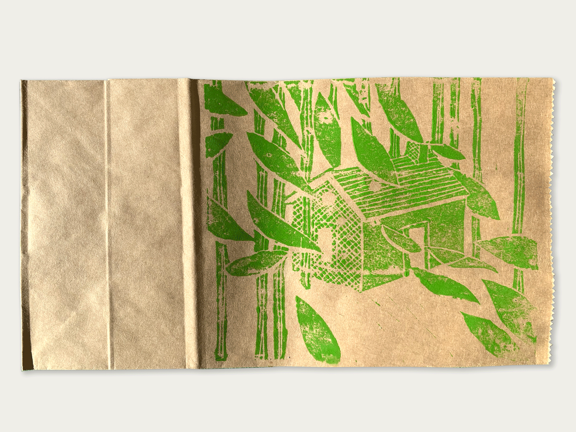 Biophile Playhouse Concept, Linocut on lunchbag, 2021