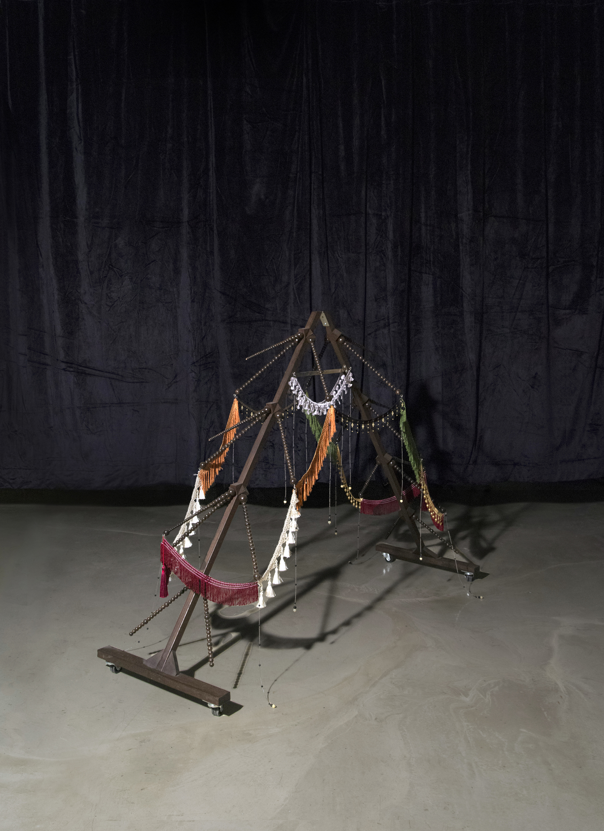 Skin_Layer / Collected objects, wood, marvel, lace, wheel, bell, 50*168*124(H)cm, 2022